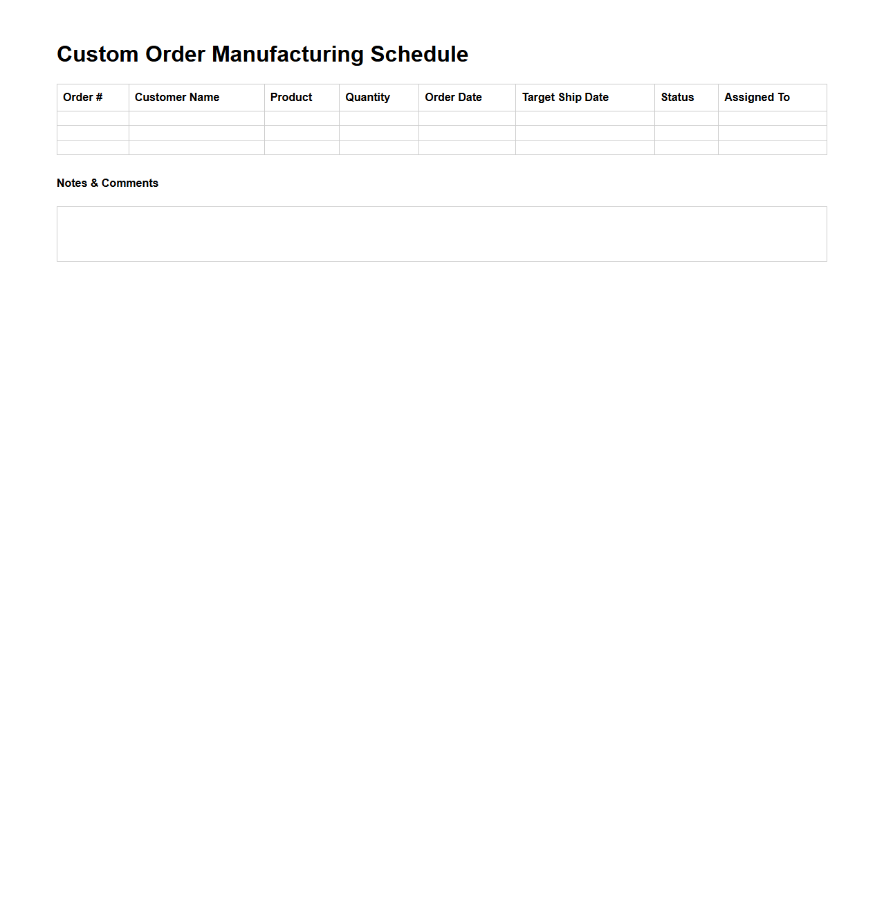Custom Order Manufacturing Schedule Template