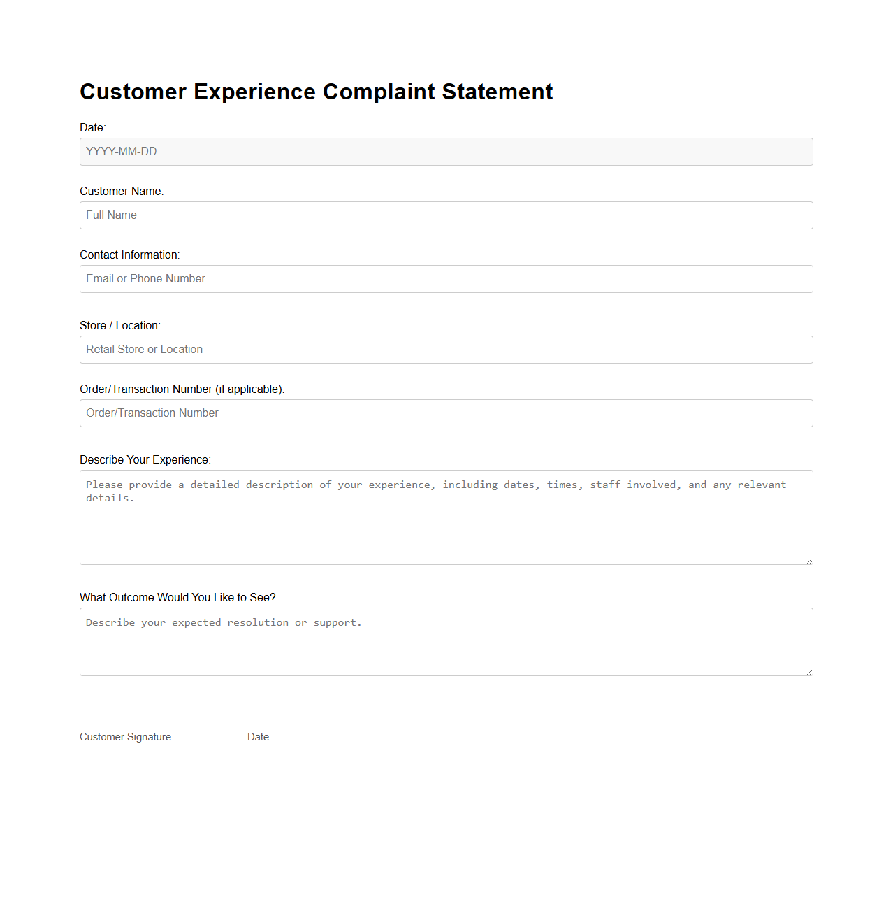Customer Experience Complaint Statement for Retail Support
