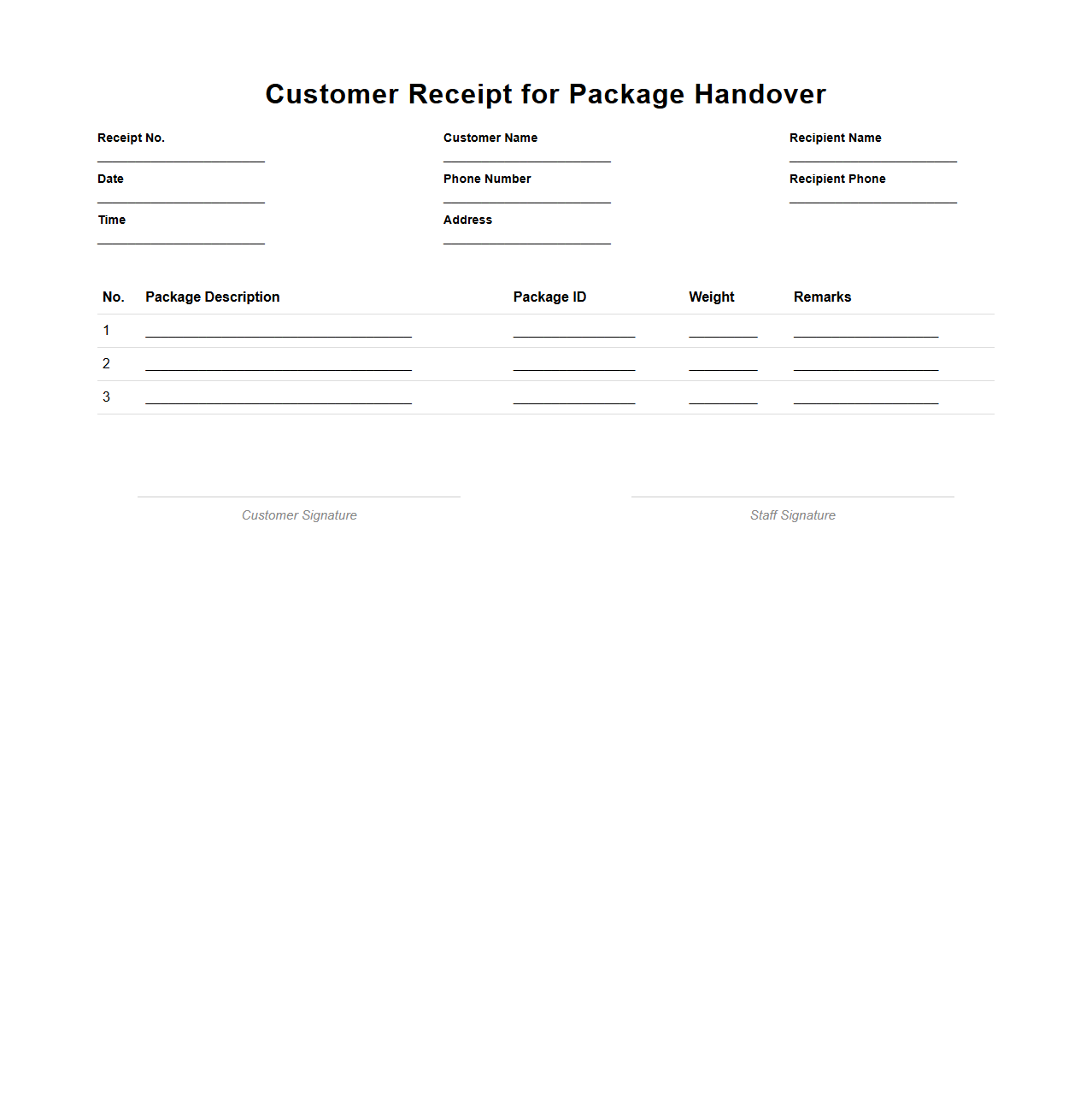Customer Receipt for Package Handover
