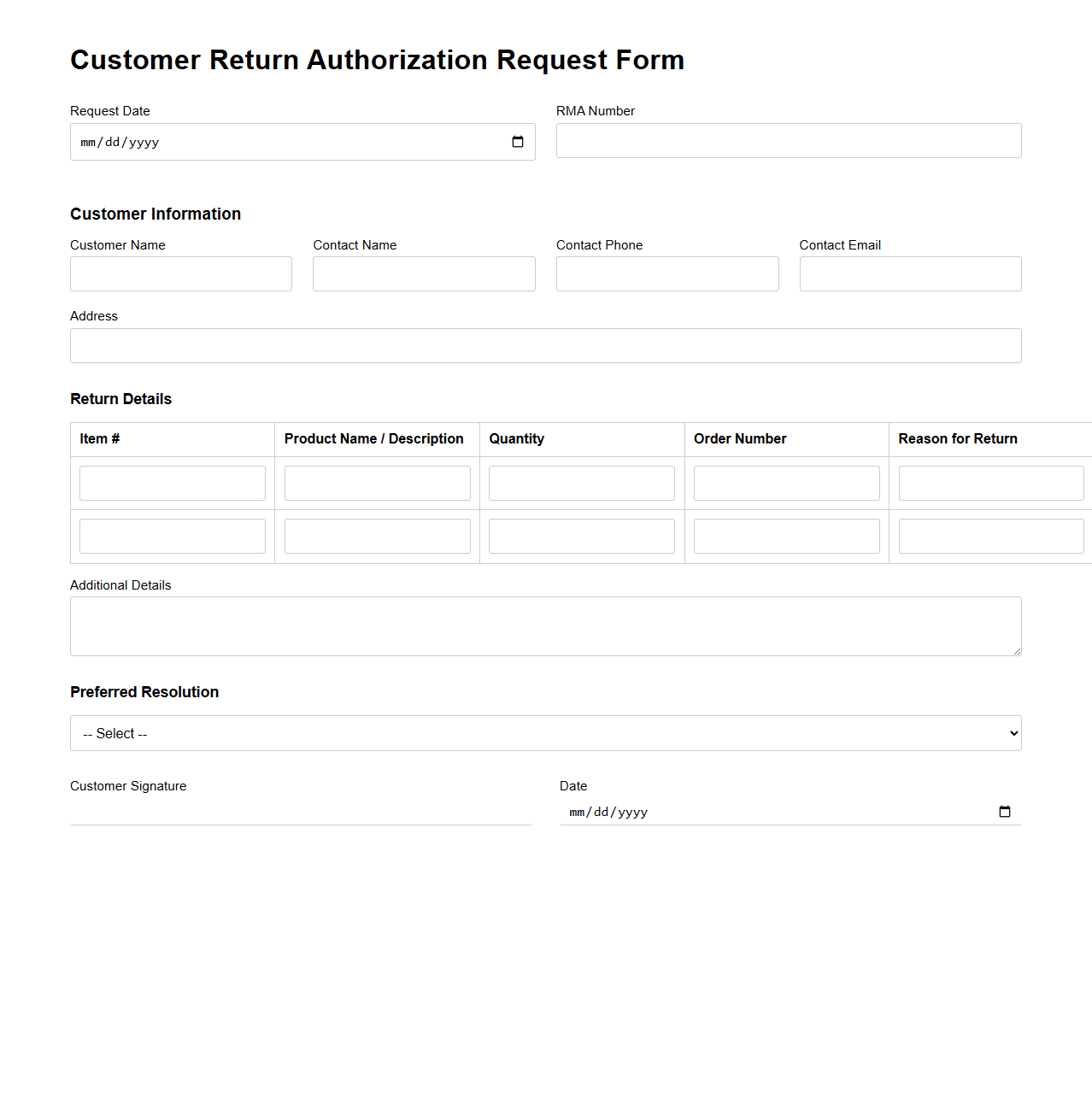 Customer Return Authorization Request Form