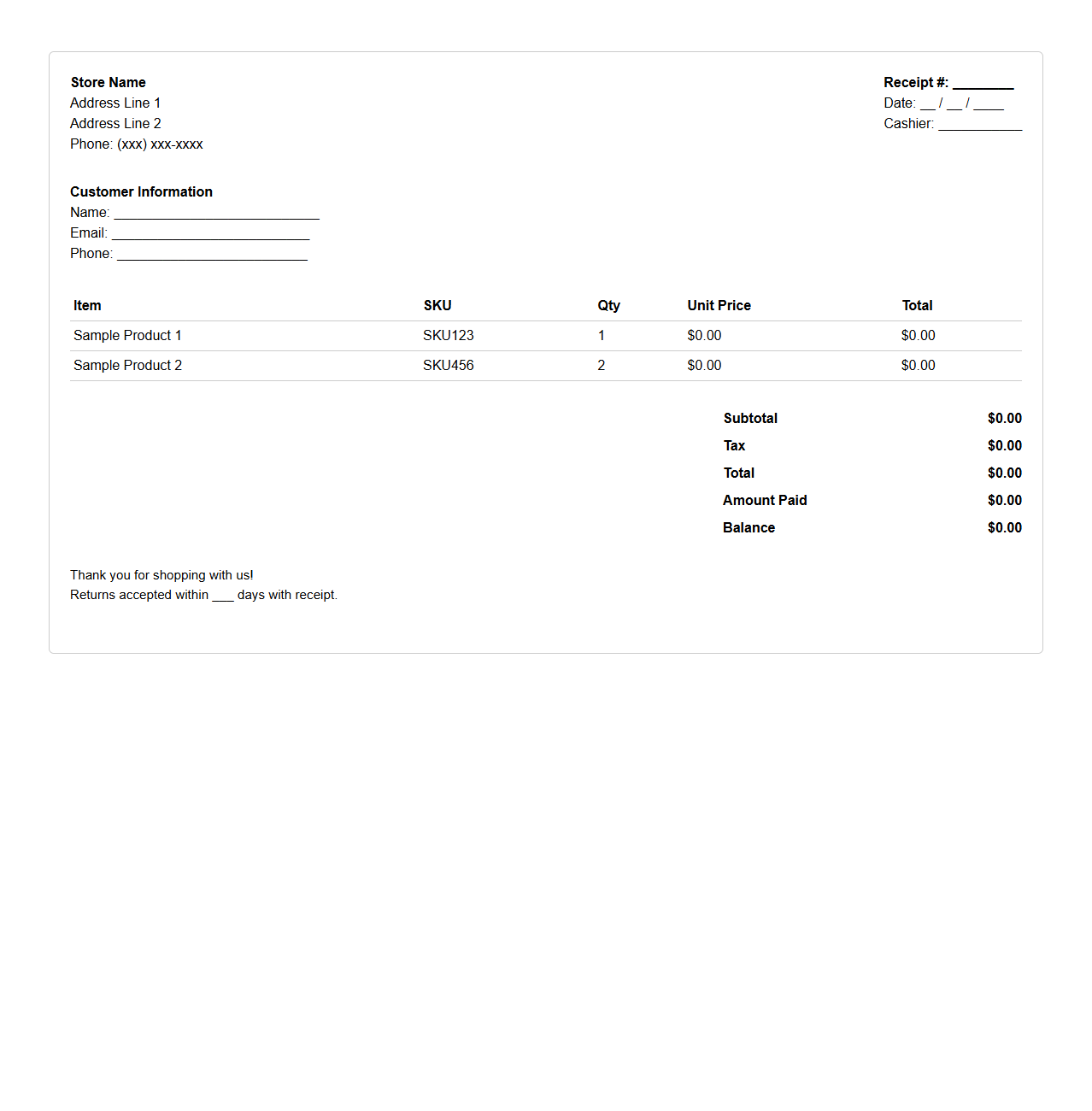 Customer Sales Receipt Outline for Retail