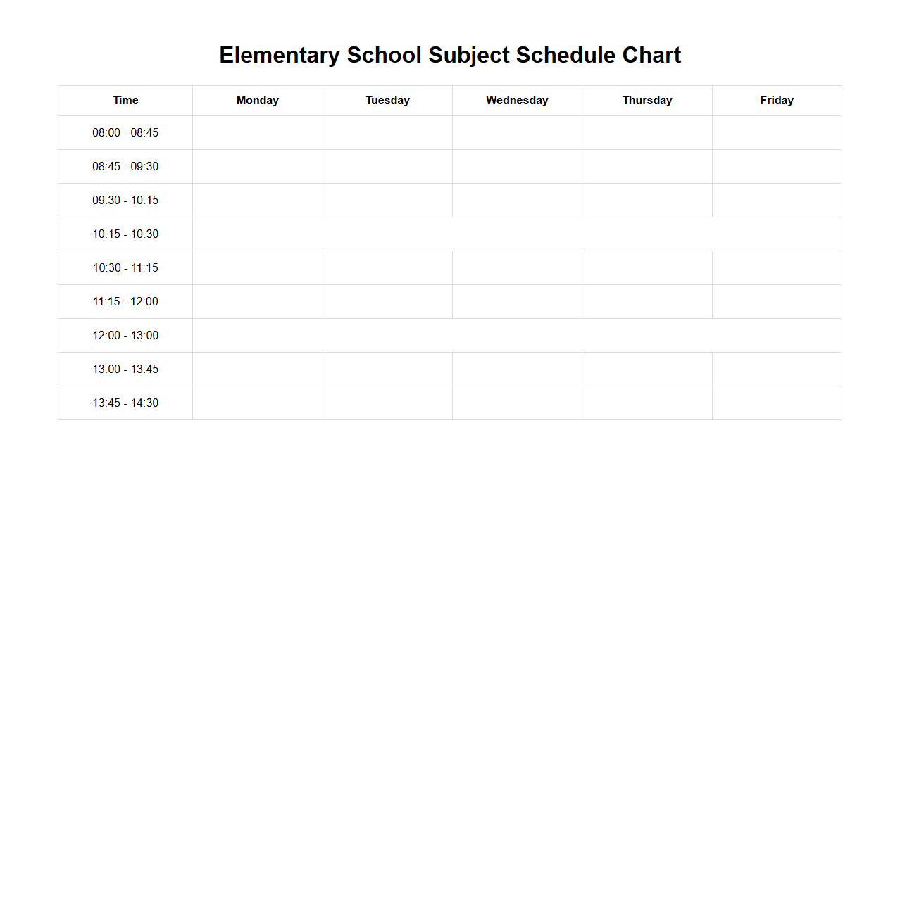 Customizable Subject Schedule Chart for Elementary School
