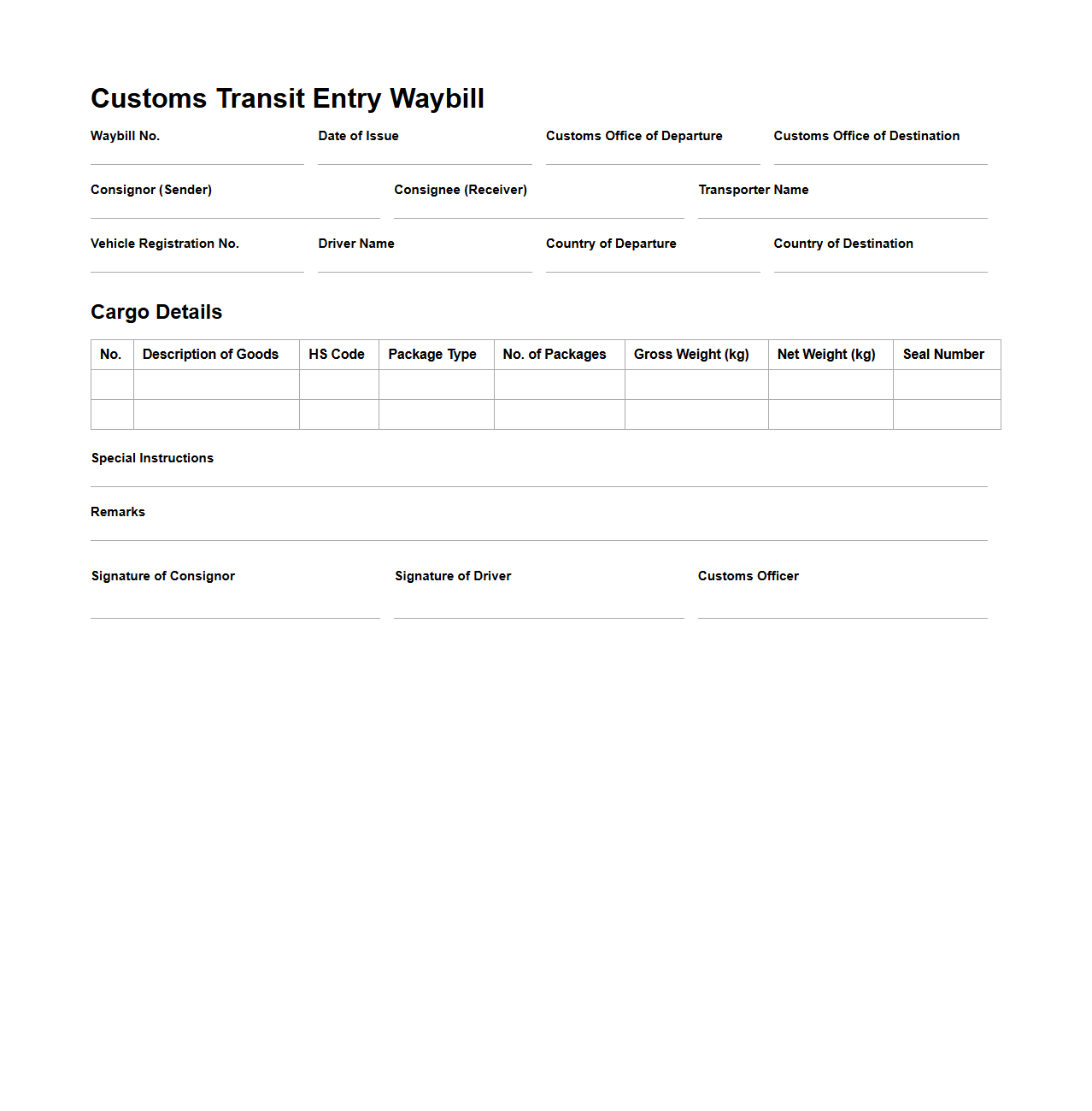Customs Transit Entry Waybill Sample for Land Transport