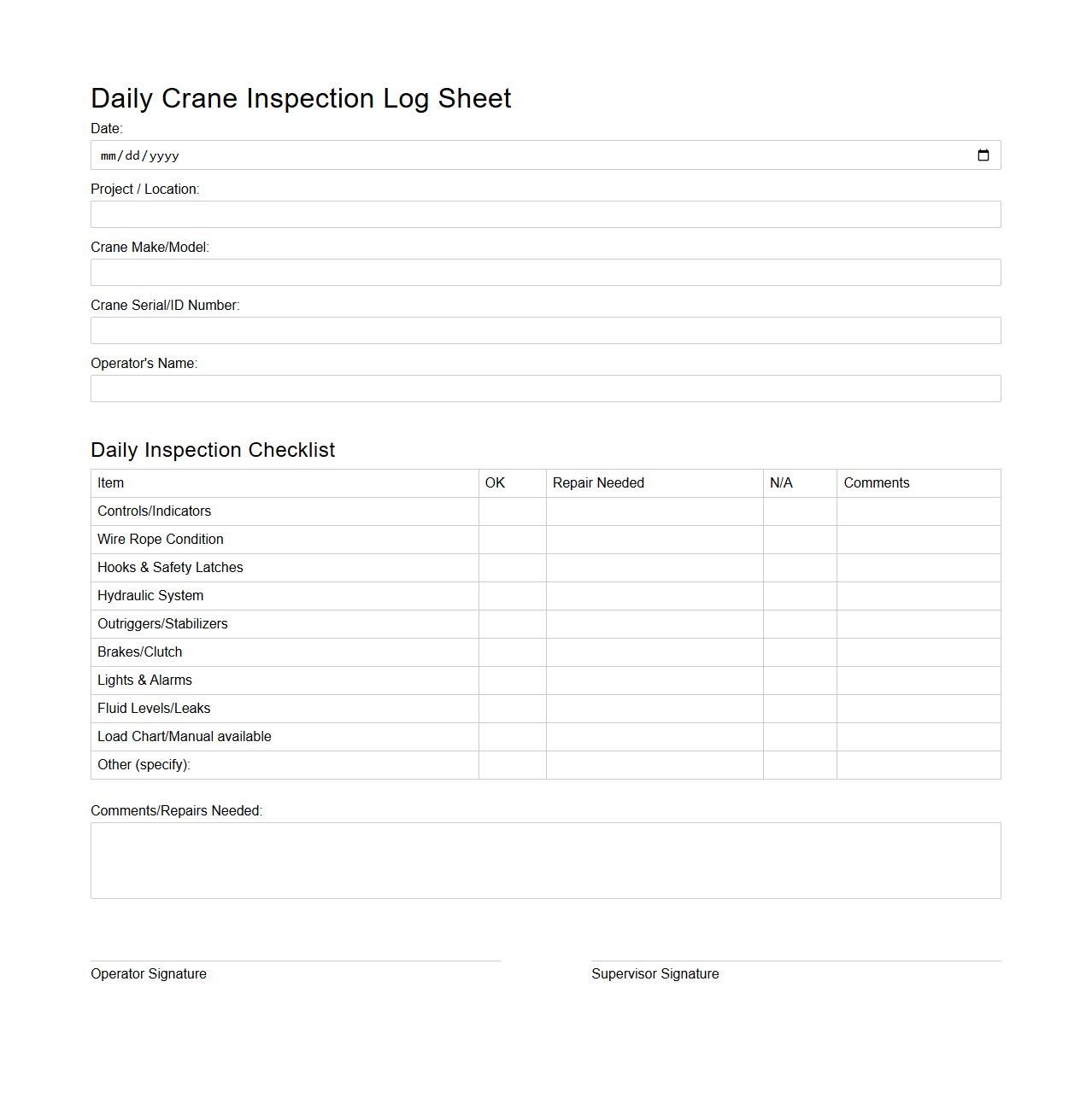 Daily Crane Inspection Log Sheet for Construction Teams