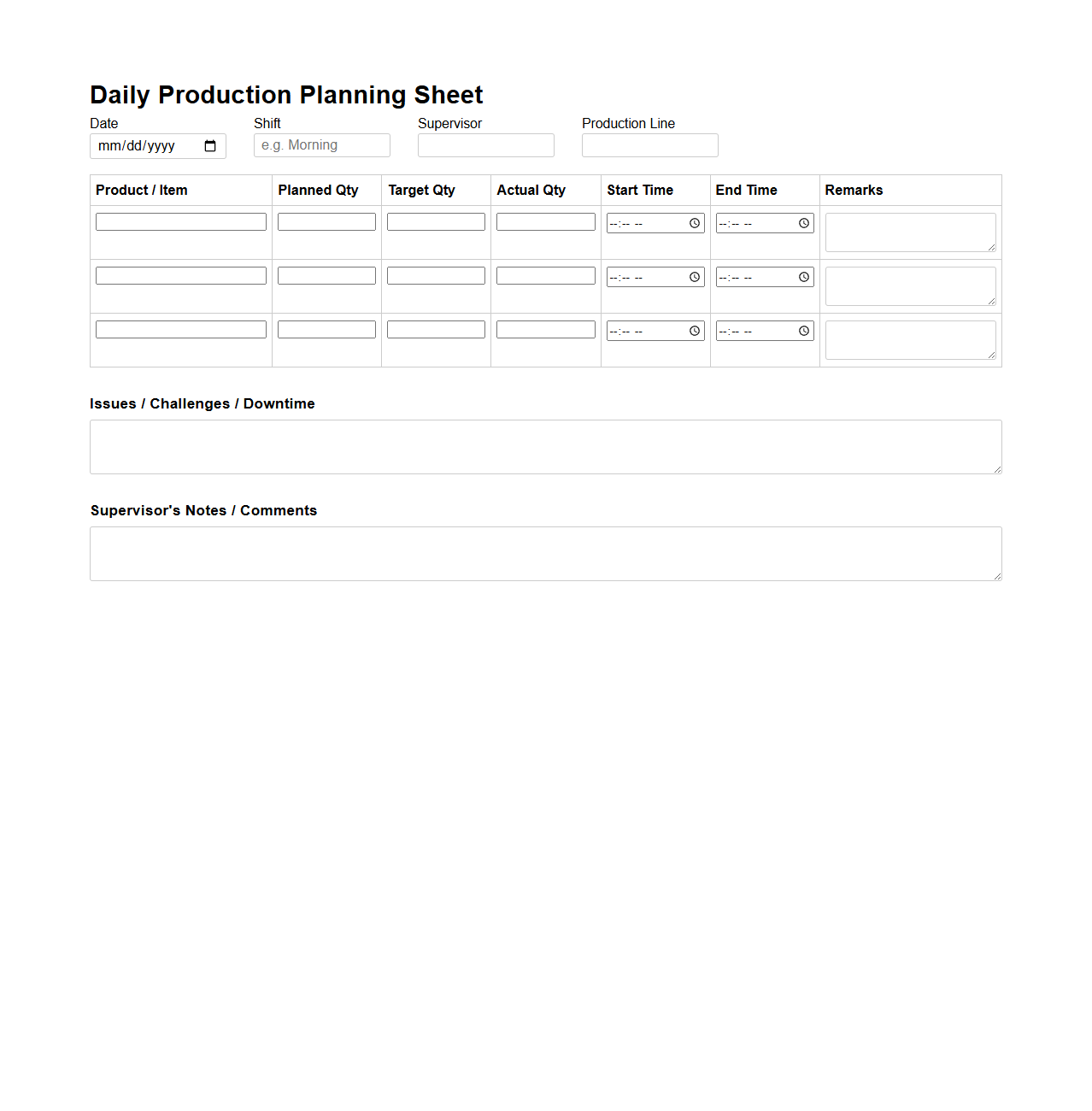Daily Production Planning Sheet for Manufacturing Operations