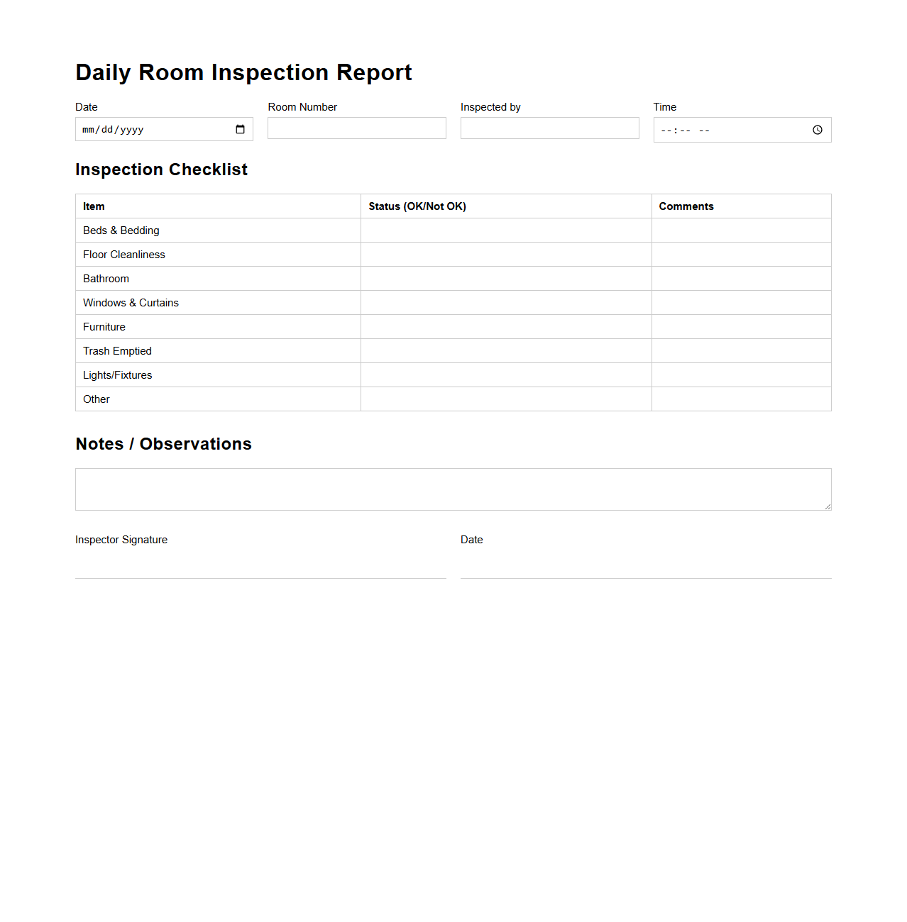 Daily Room Inspection Report Sample