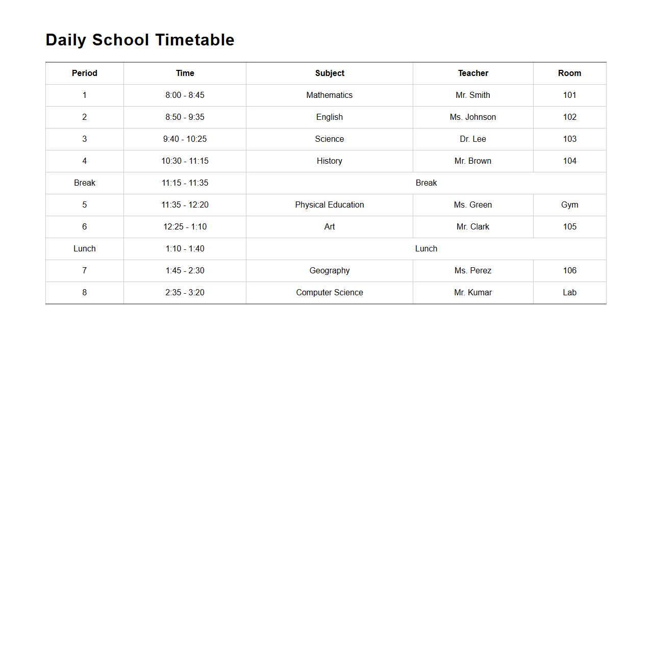 Daily School Timetable Layout Example