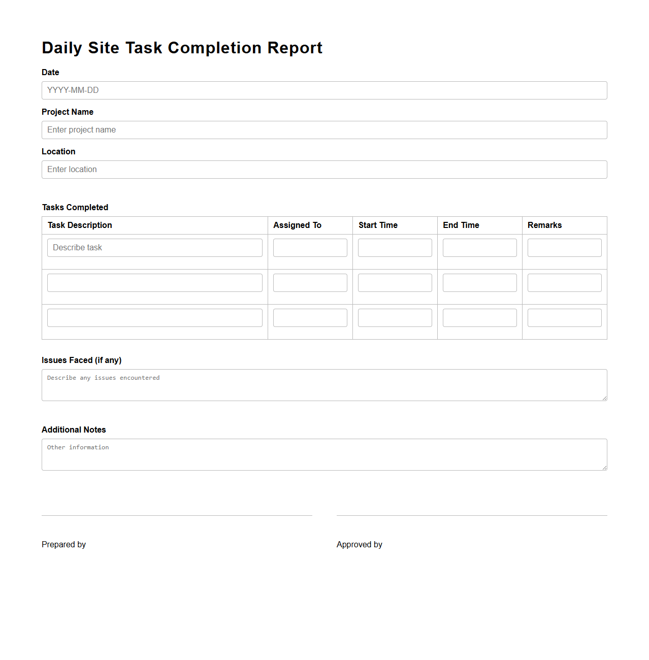 Daily Site Task Completion Report