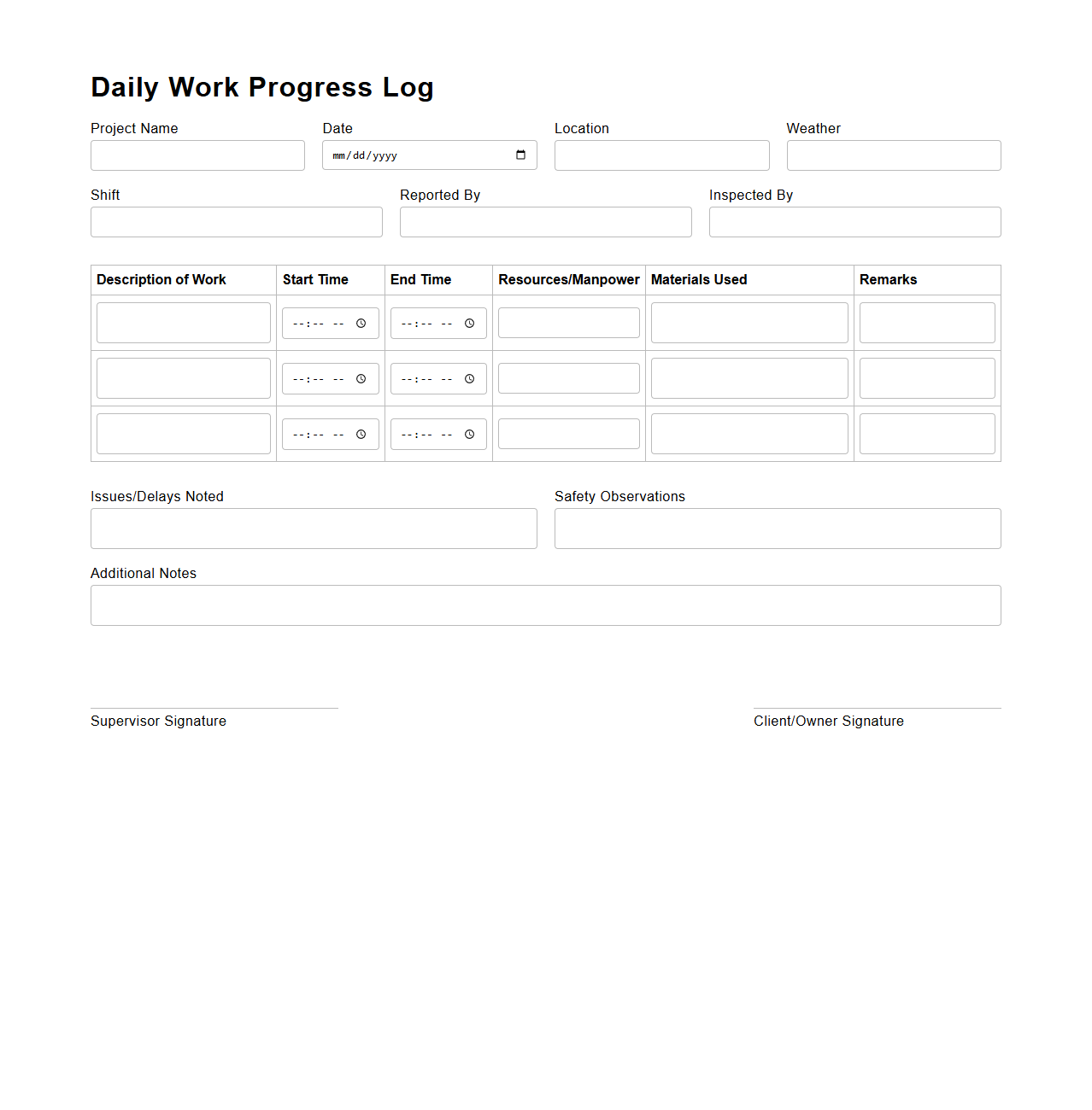 Daily Work Progress Log for Construction Projects