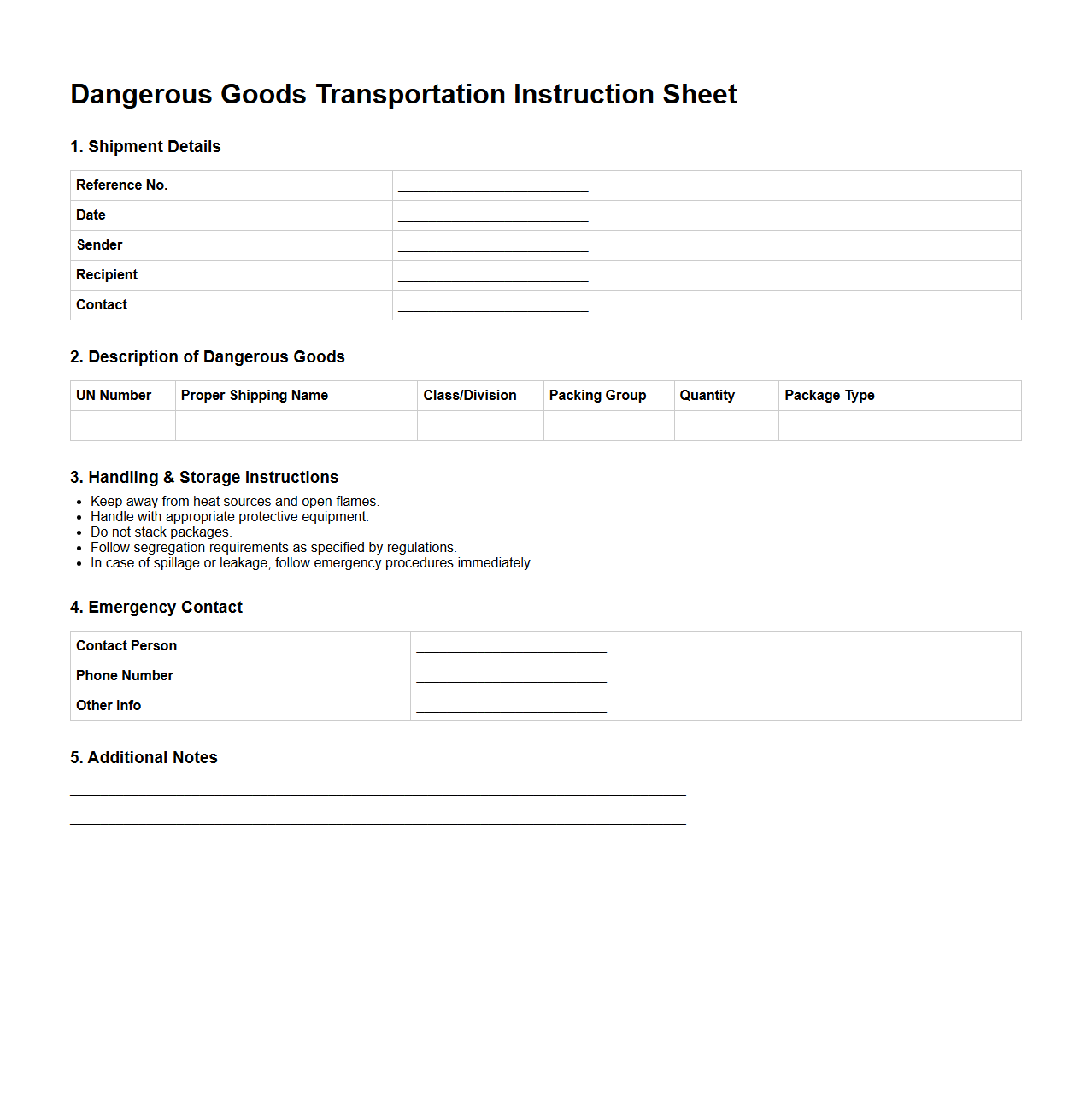 Dangerous Goods Transportation Instruction Sheet