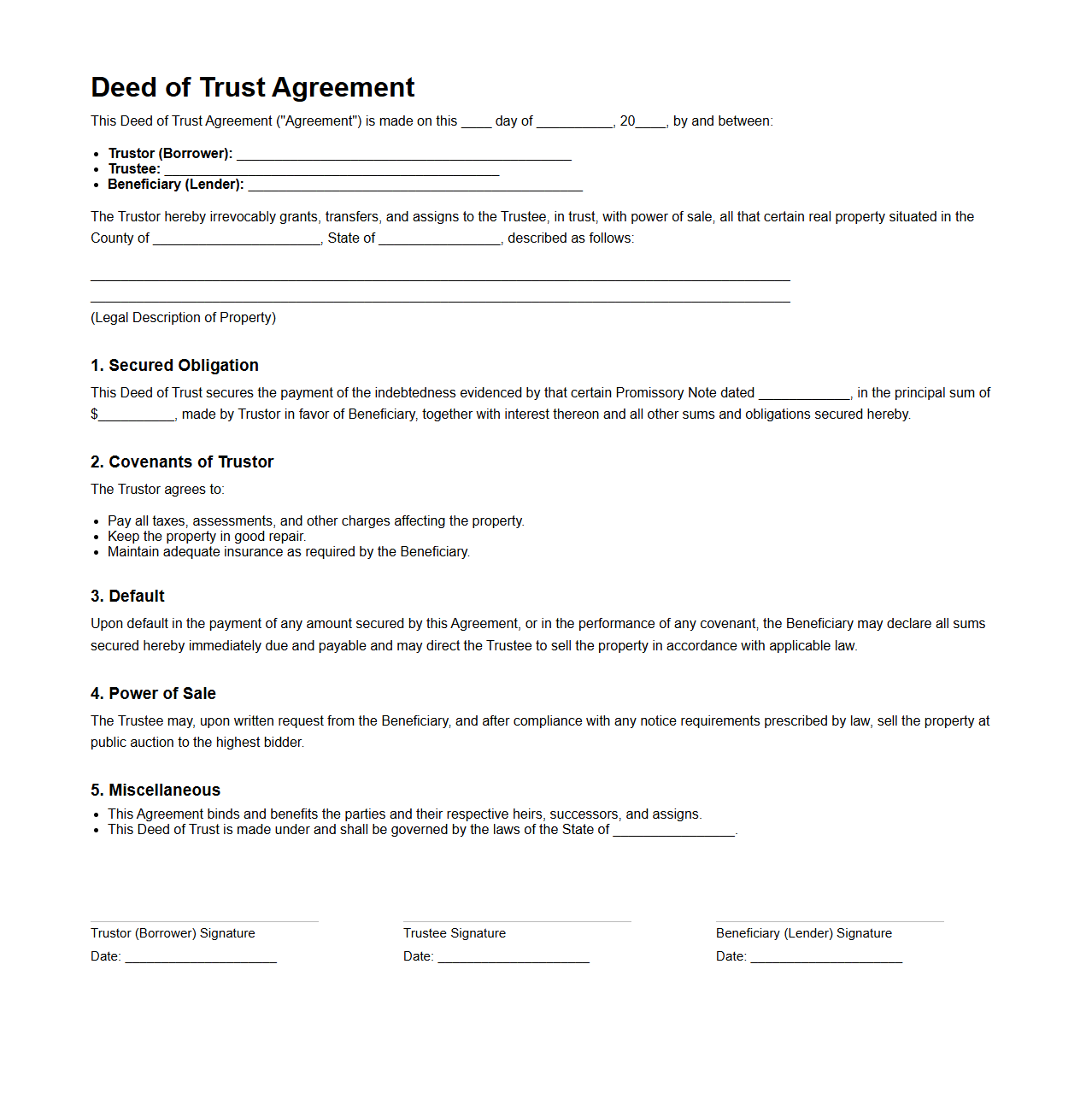 Deed of Trust Agreement Template for Real Estate