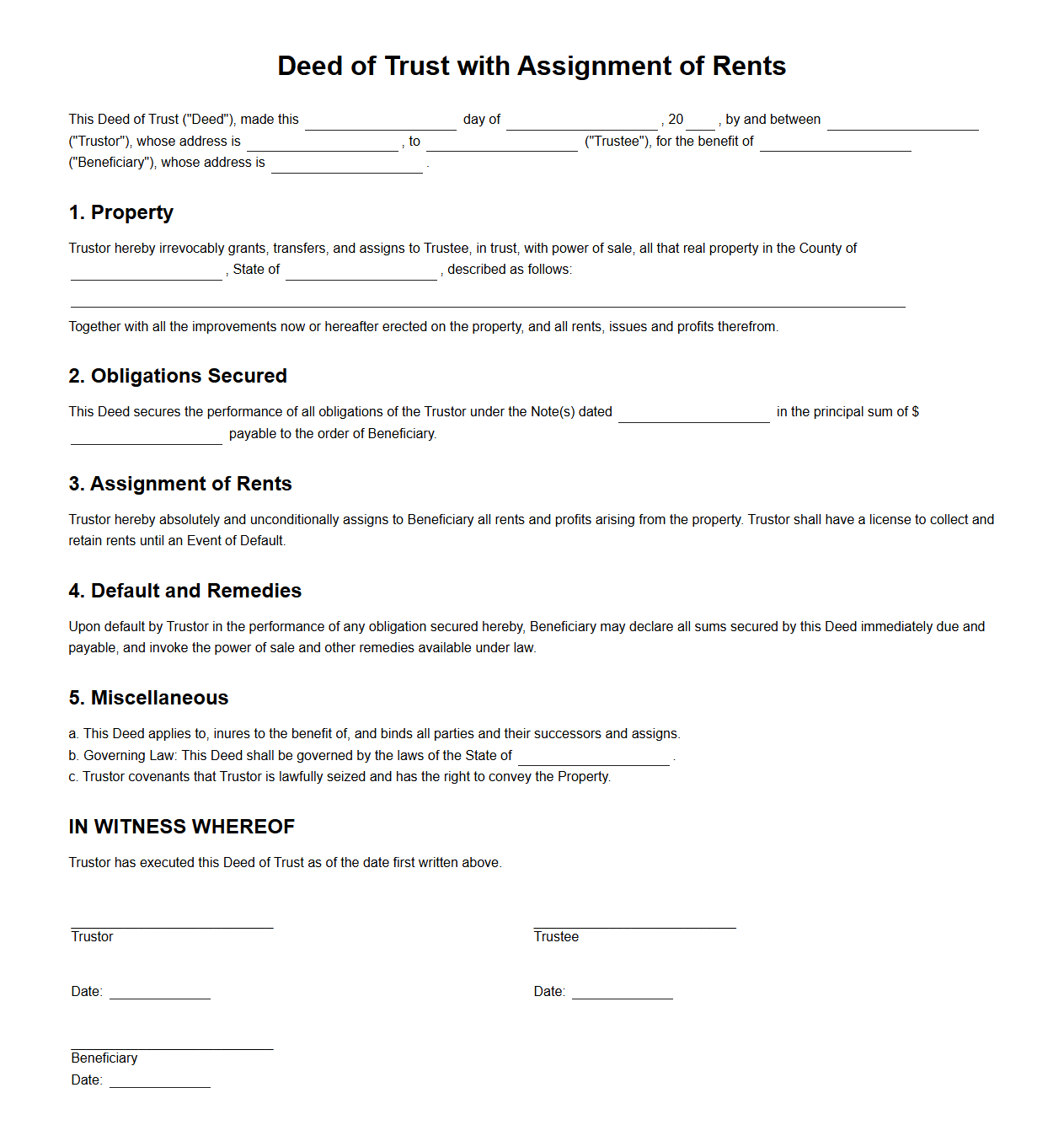 Deed of Trust with Assignment of Rents Template