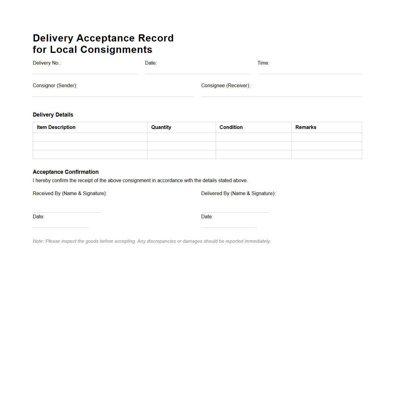Delivery Acceptance Record for Local Consignments