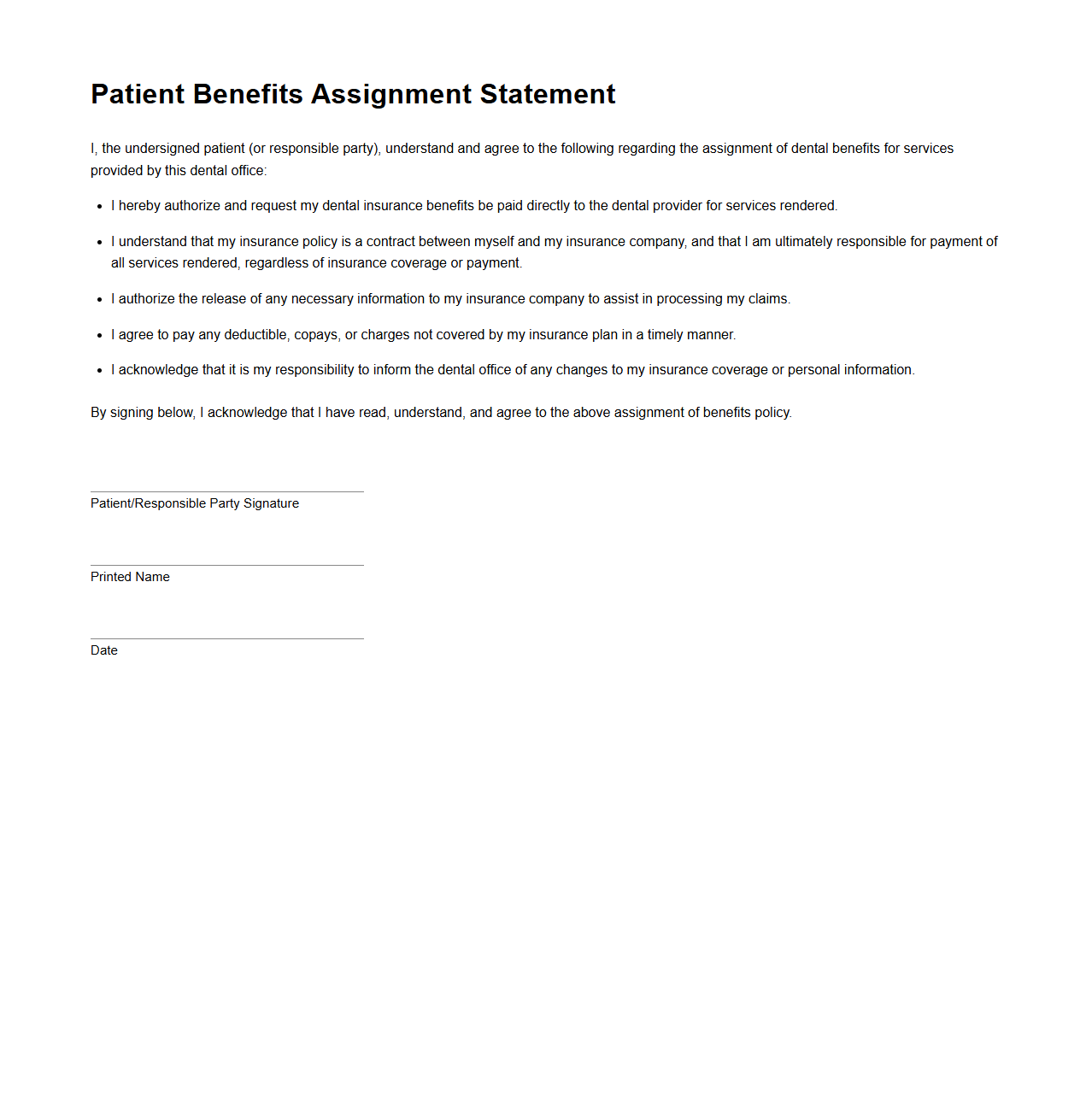Dental Office Patient Benefits Assignment Statement