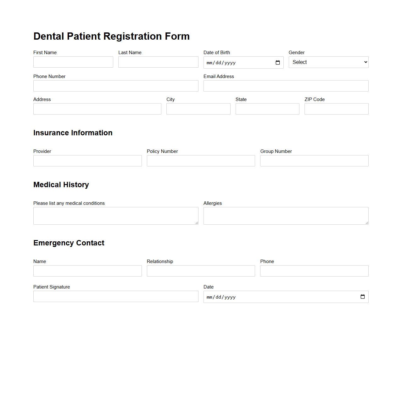 Dental Patient Registration Form