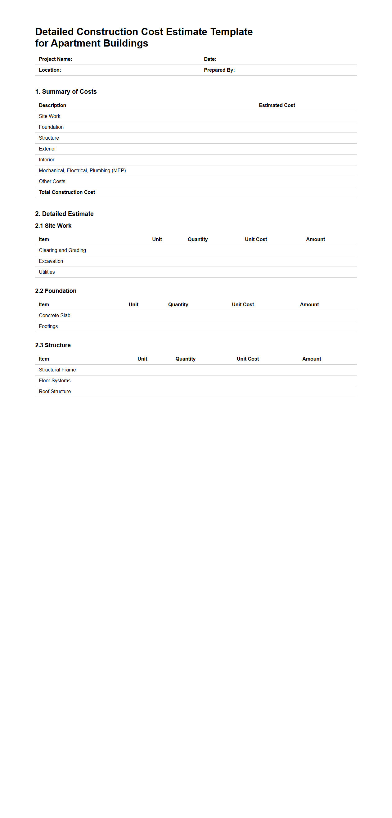 Detailed Construction Cost Estimate Template for Apartment Buildings