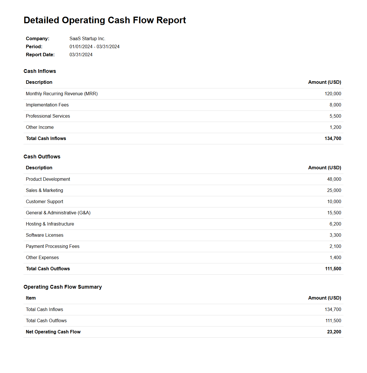 Detailed Operating Cash Flow Report for SaaS Startups