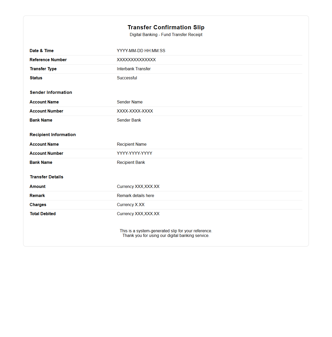Digital Banking Transfer Confirmation Slip