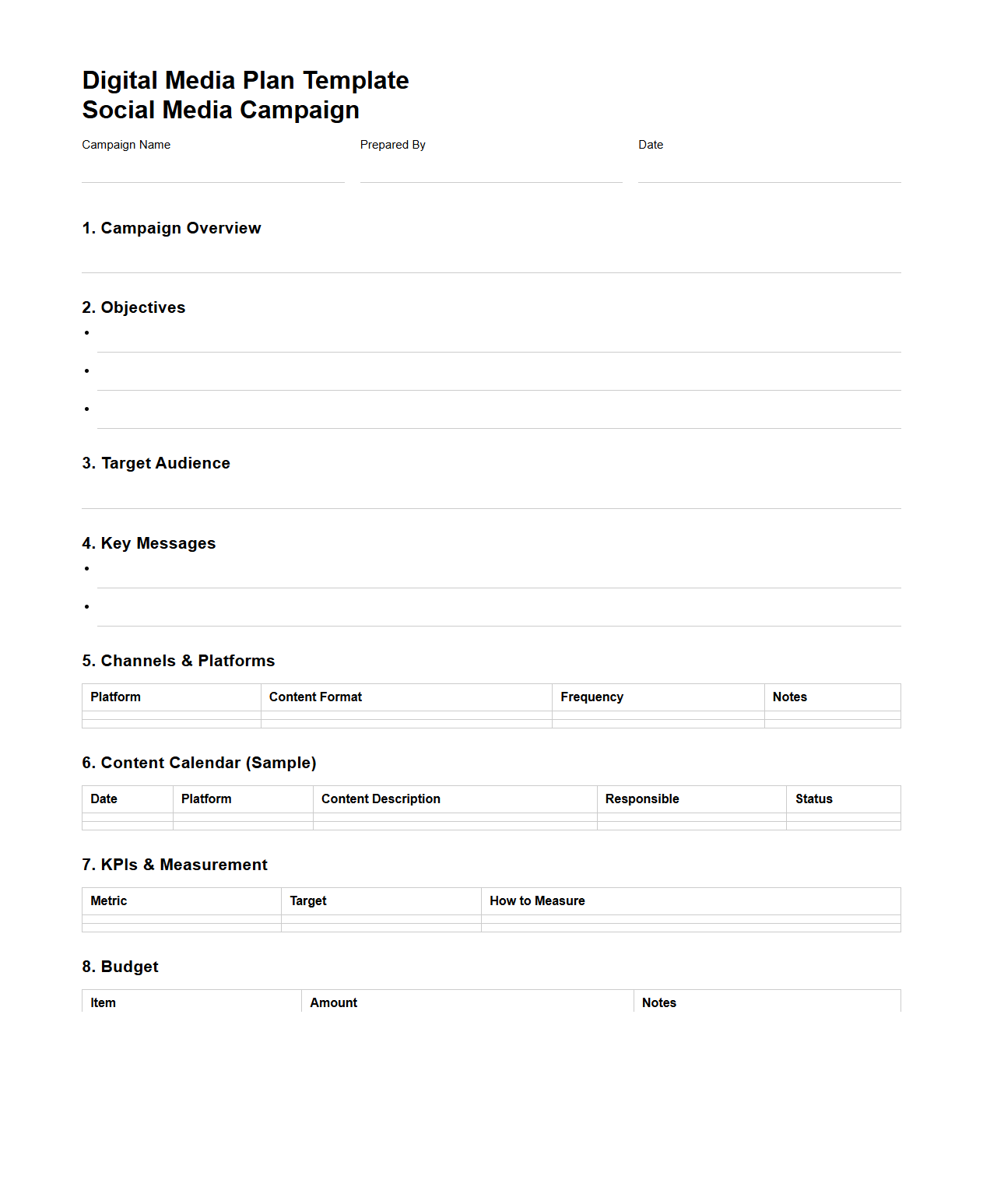 Digital Media Plan Template for Social Media Campaign