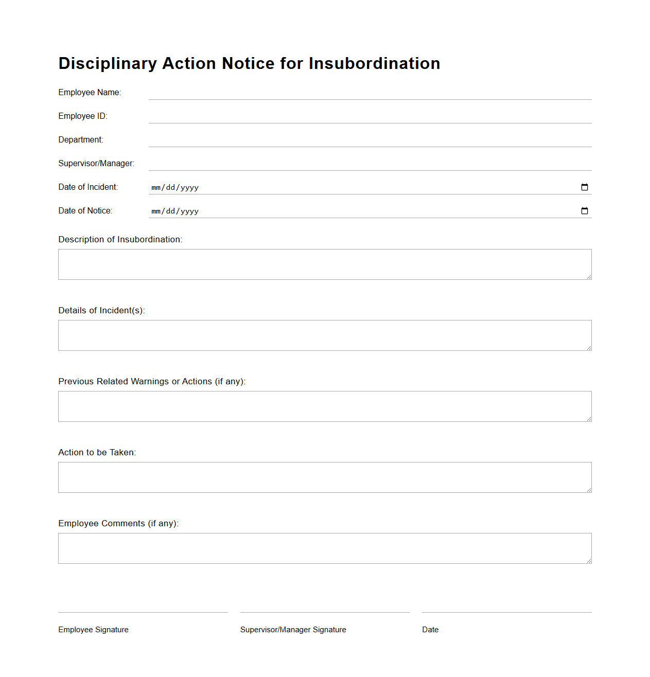 Disciplinary Action Notice for Insubordination
