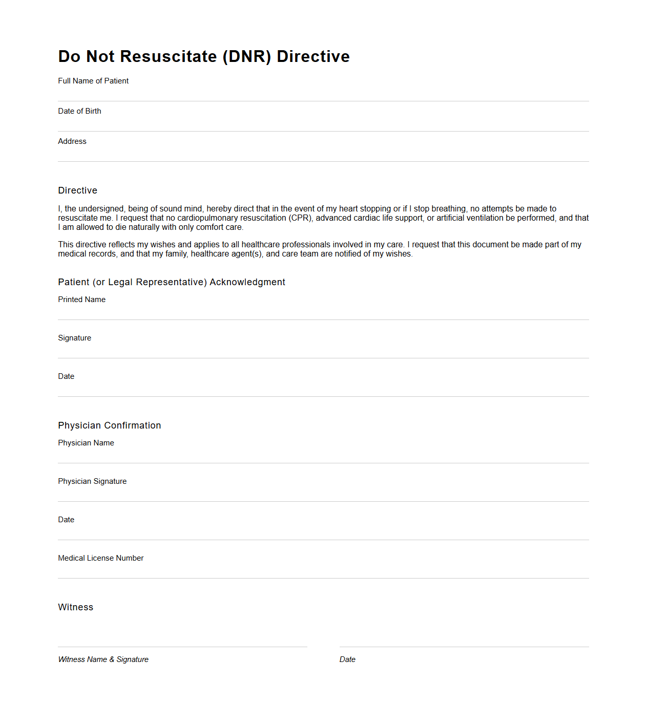 Do Not Resuscitate Directive Sample Document