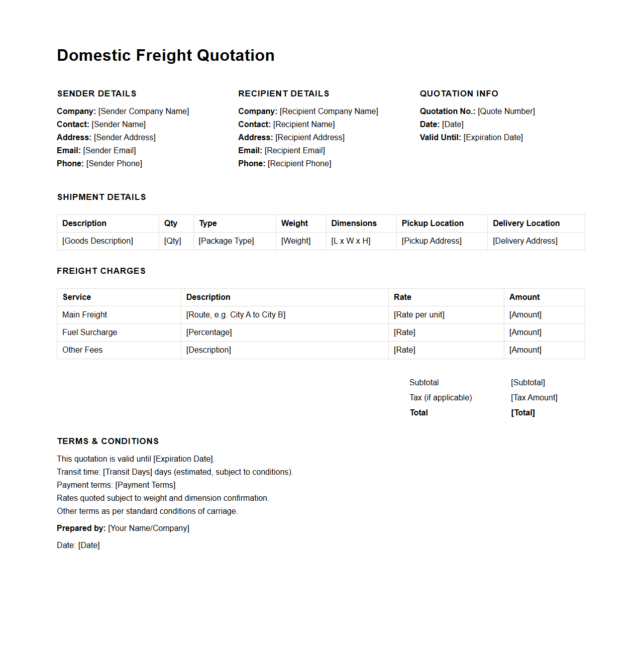 Domestic Freight Quotation Example