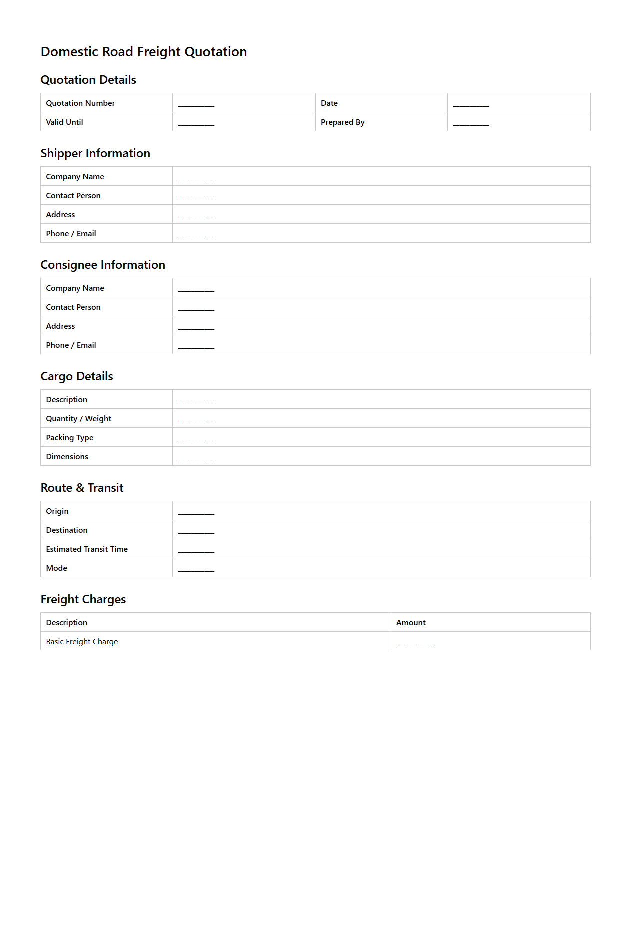 Domestic Road Freight Quotation Sample