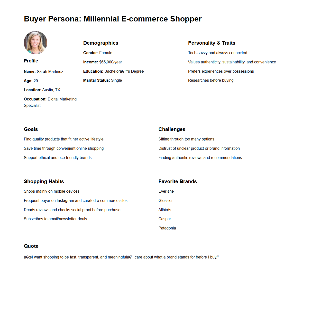 E-commerce Millennial Buyer Persona Example