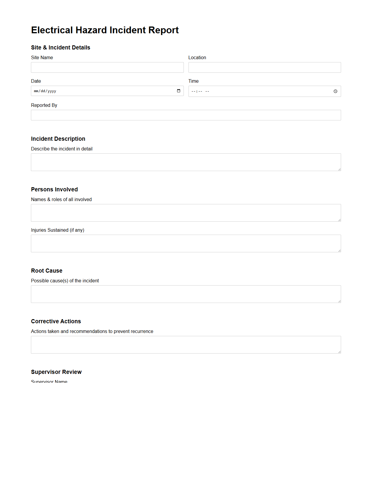 Electrical Hazard Incident Report for Construction Sites