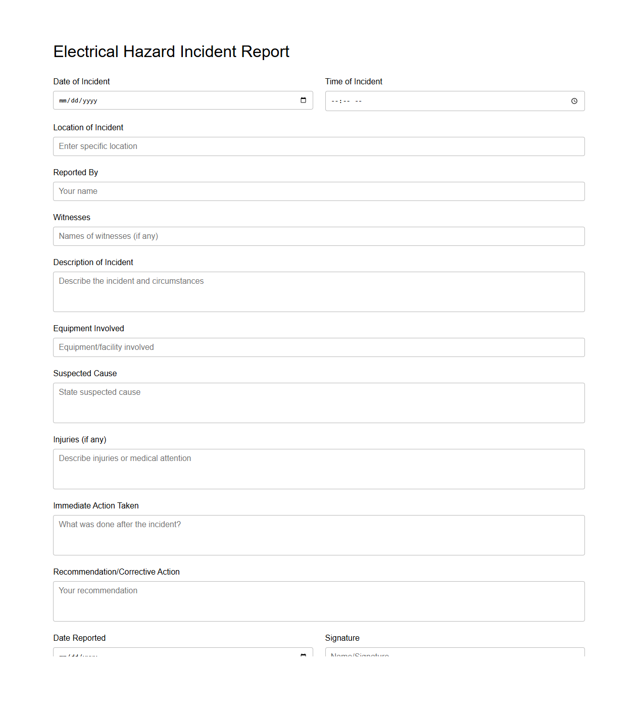 Electrical Hazard Incident Report