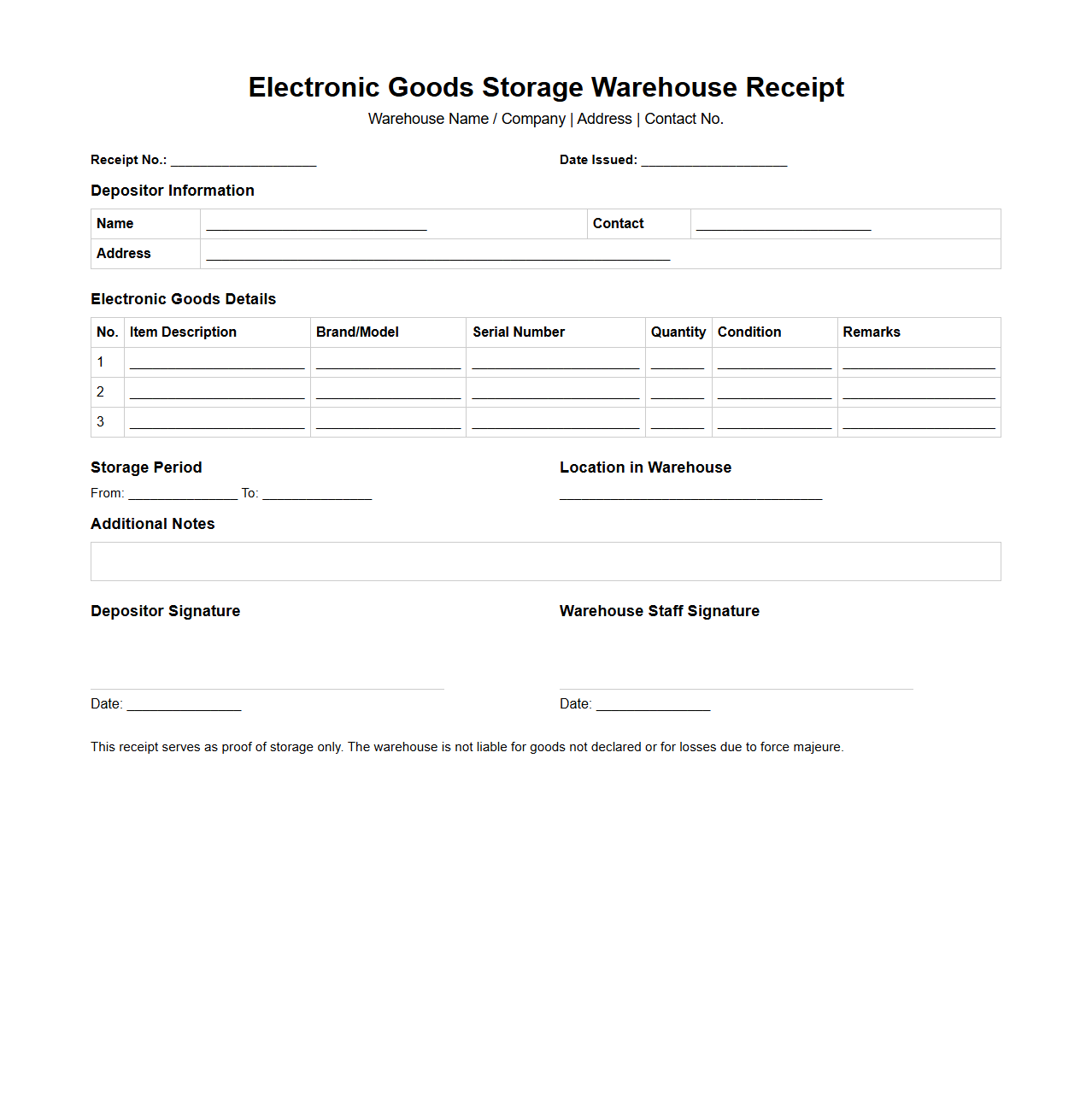 Electronic Goods Storage Warehouse Receipt Layout