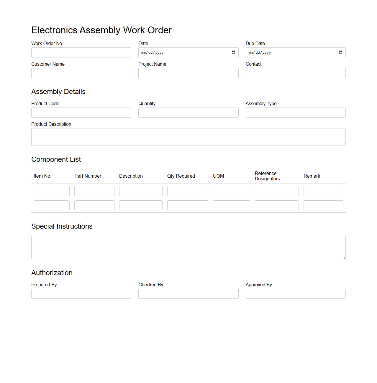 Electronics Assembly Work Order Format
