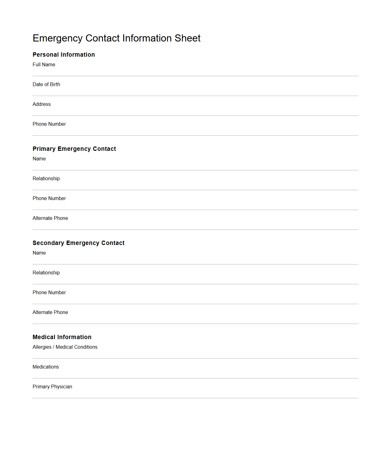 Emergency Contact Information Sheet
