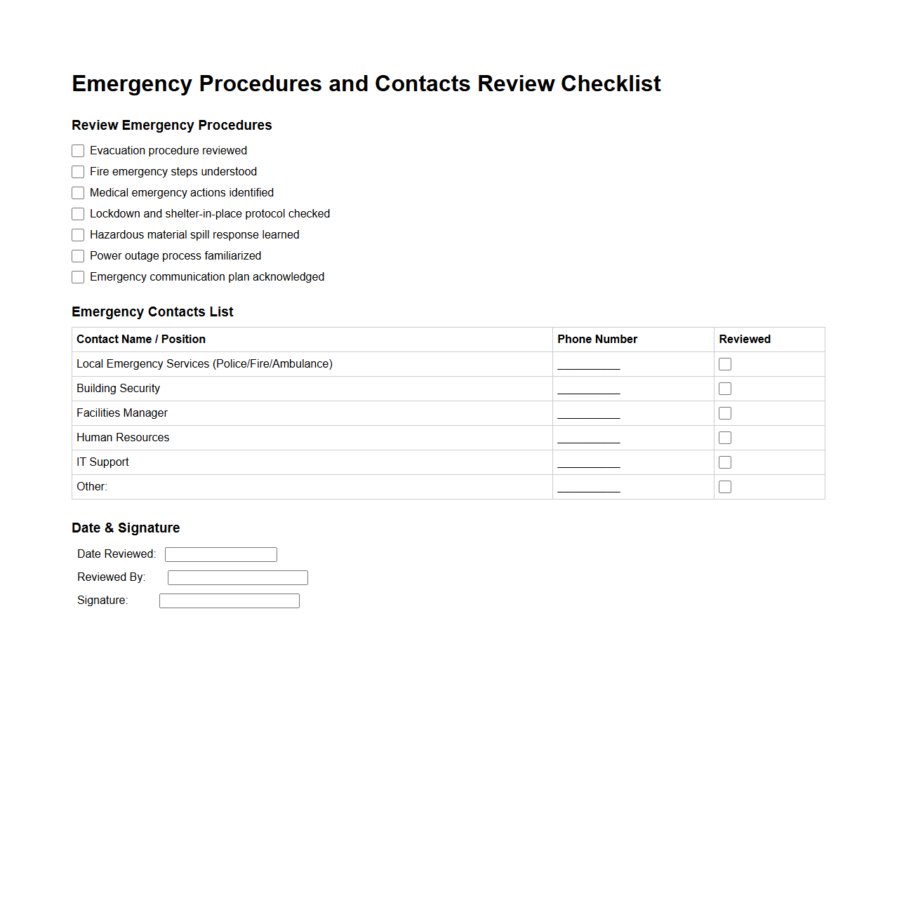 Emergency Procedures and Contacts Review Checklist