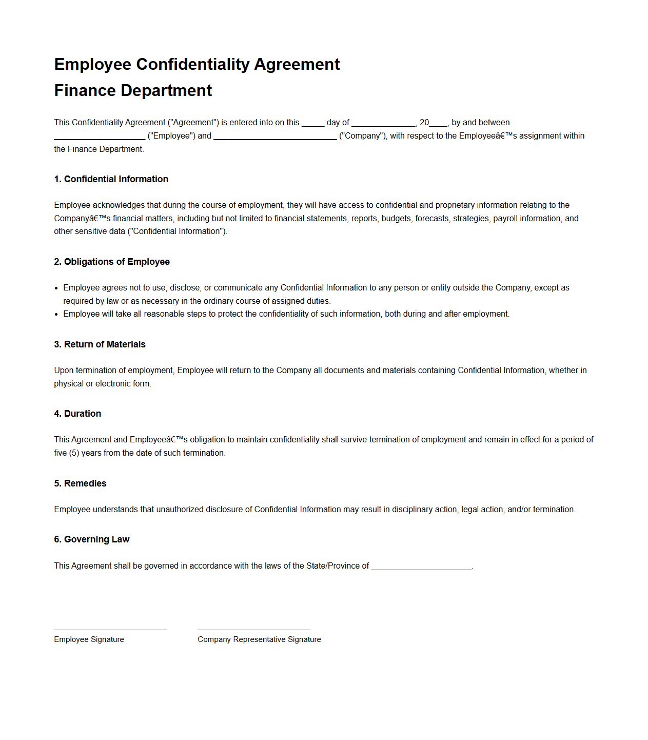 Employee Confidentiality Agreement for Finance Department