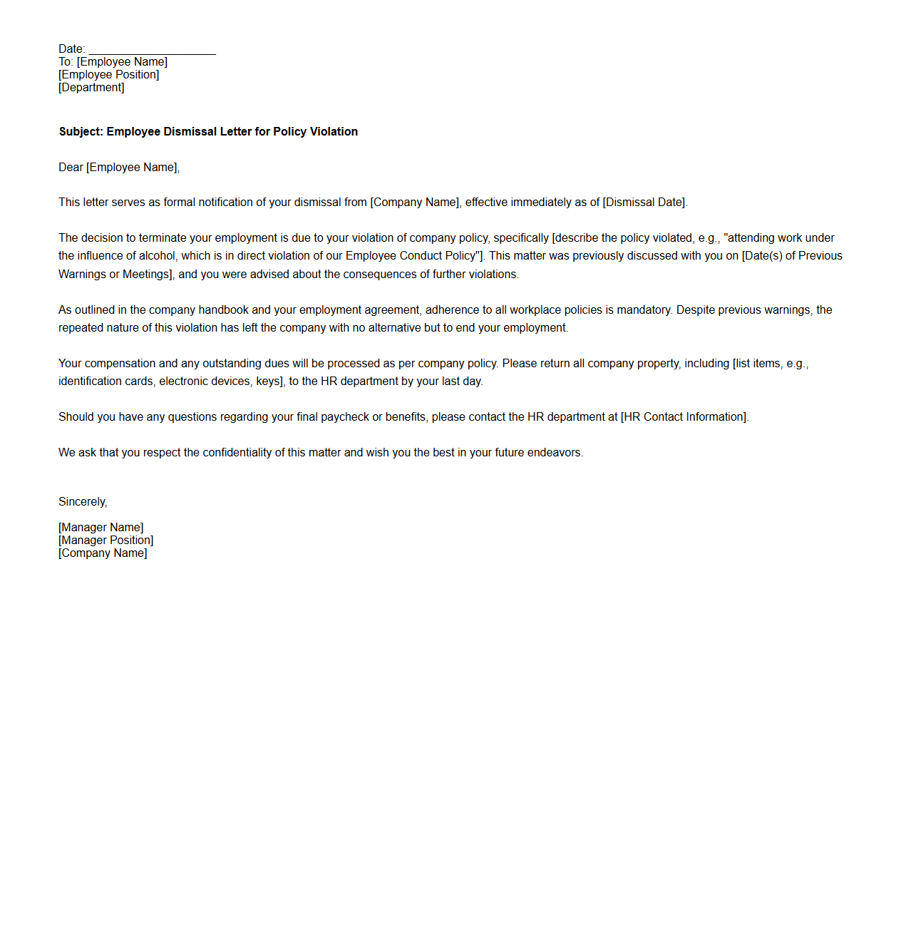 Employee Dismissal Letter for Policy Violation