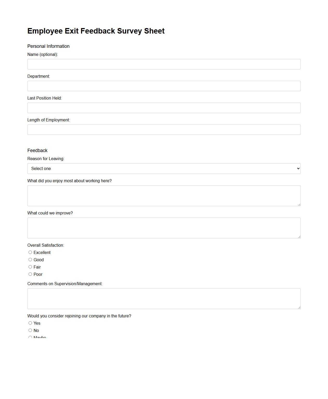 Employee Exit Feedback Survey Sheet
