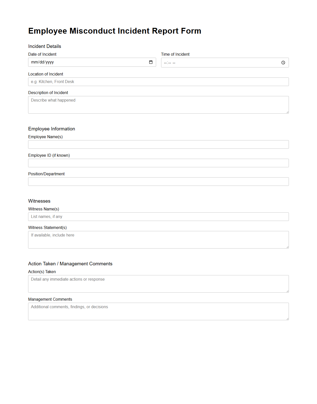 Employee Misconduct Incident Report Form for Hospitality