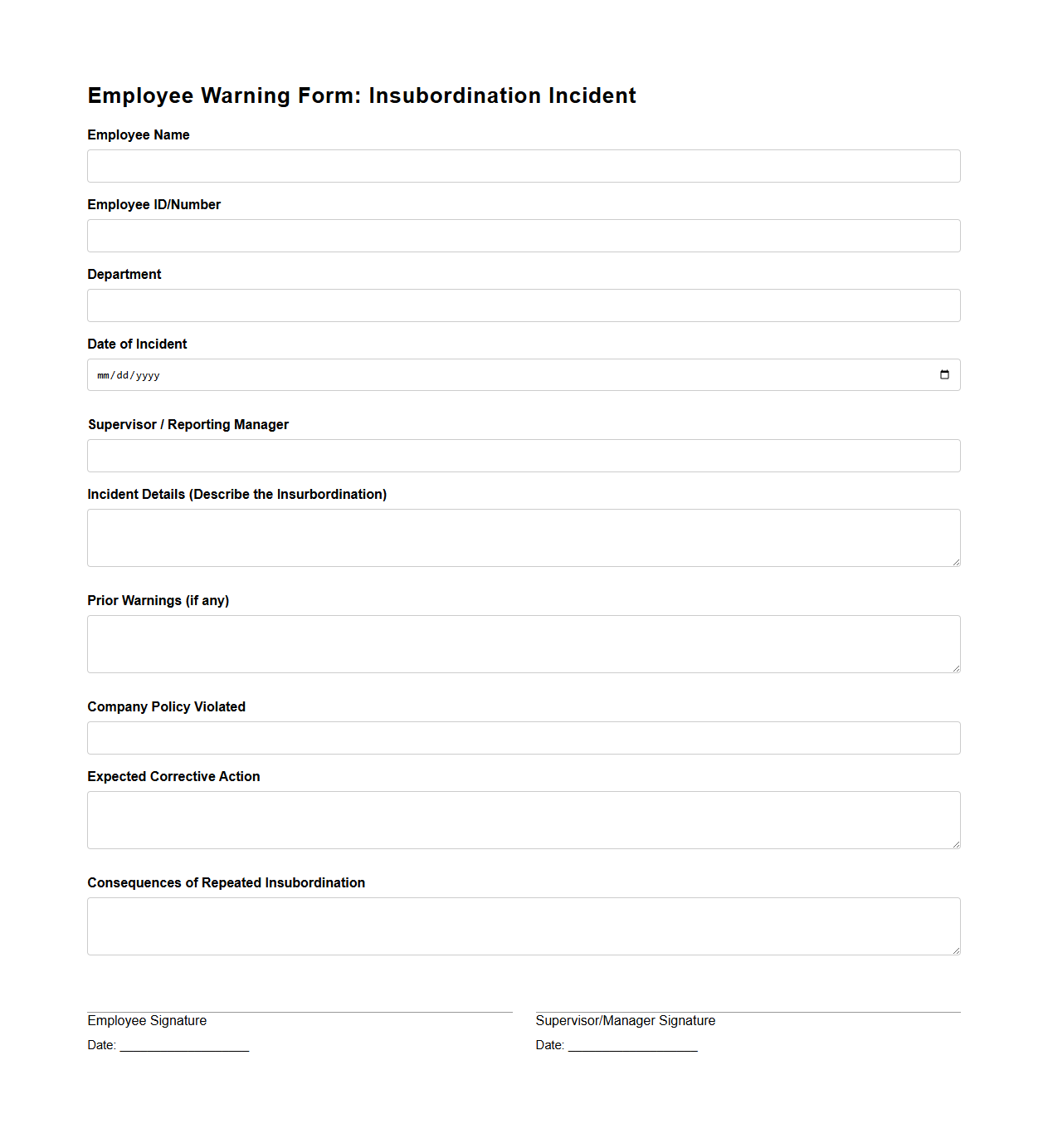Employee Warning Form for Insubordination Incident