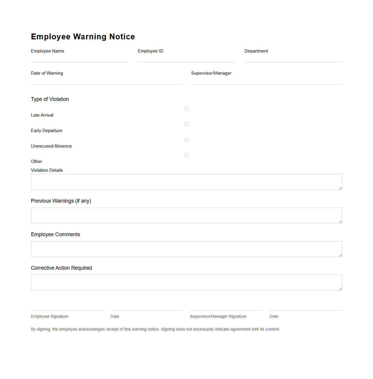 Employee Warning Notice for Attendance Policy Violation