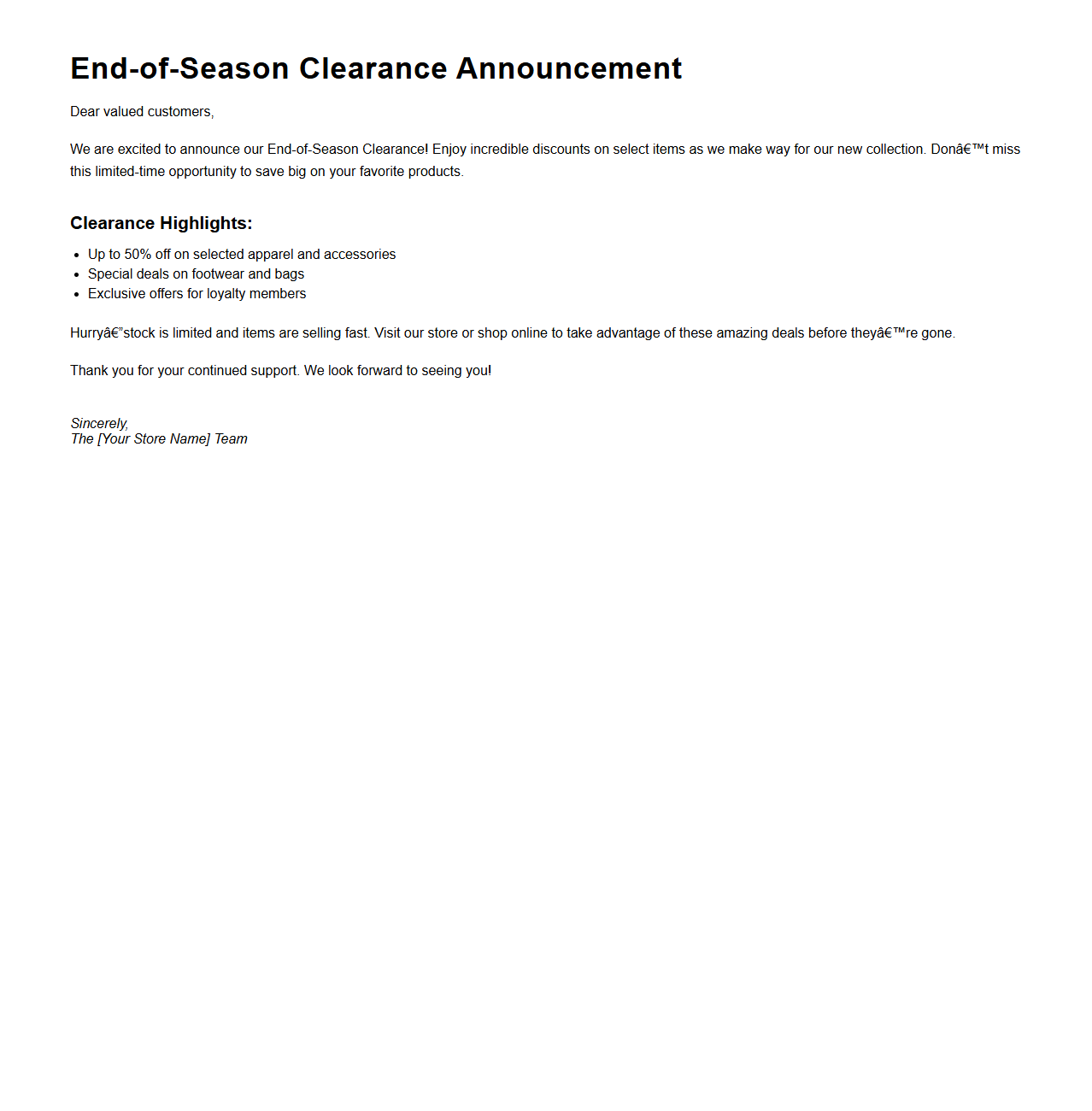 End-of-Season Clearance Announcement Sample