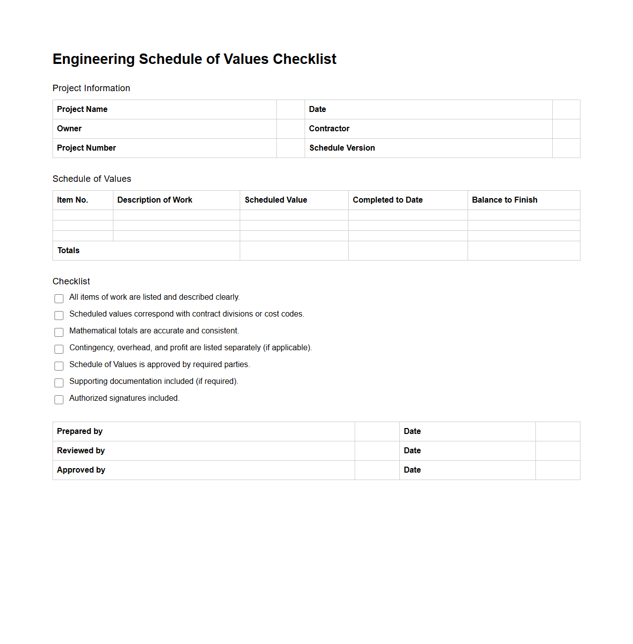Engineering Schedule of Values Checklist