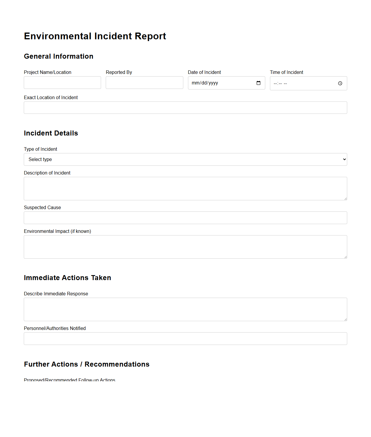 Environmental Incident Report for Construction Areas