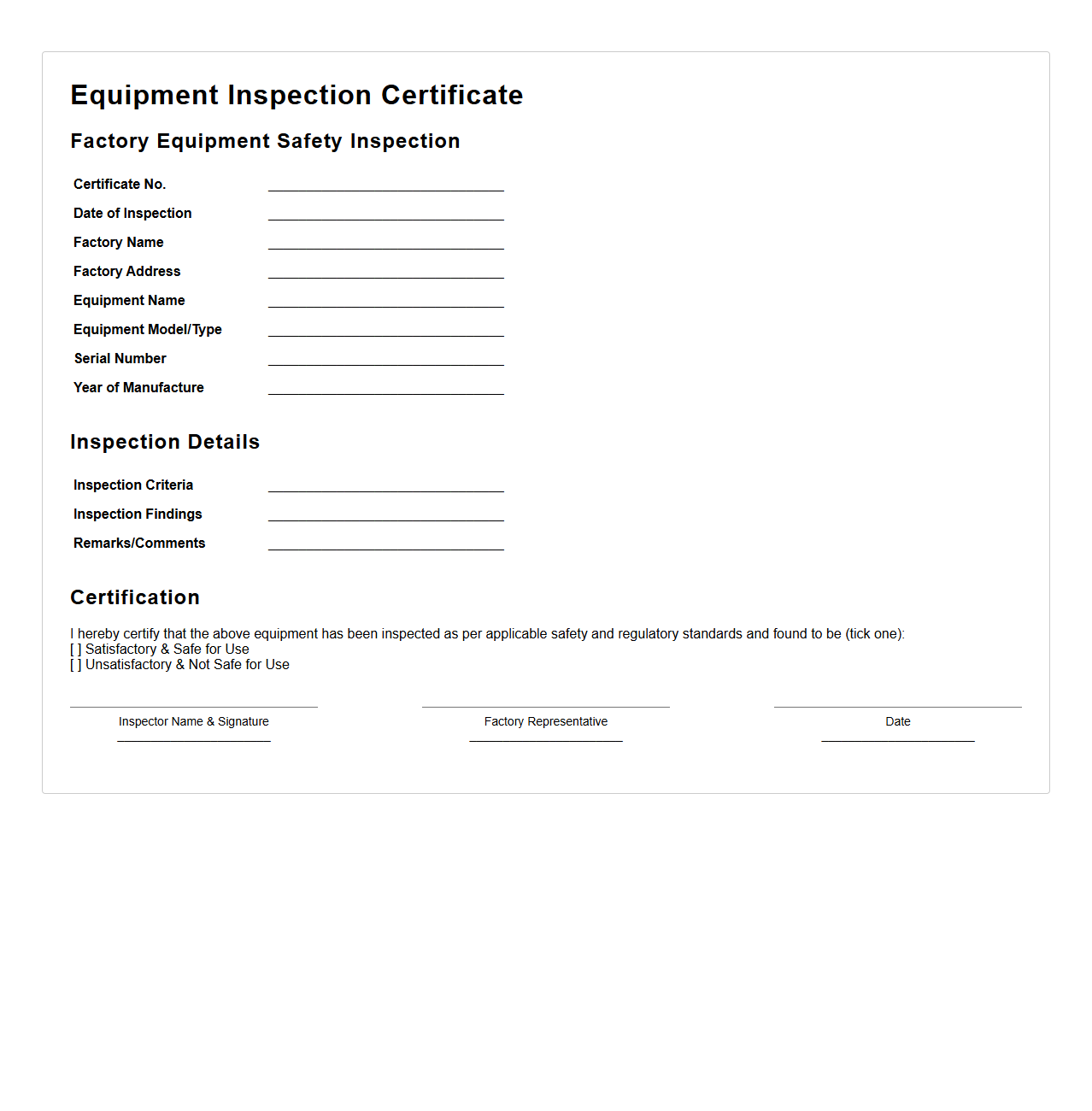 Equipment Inspection Certificate Sample for Factories