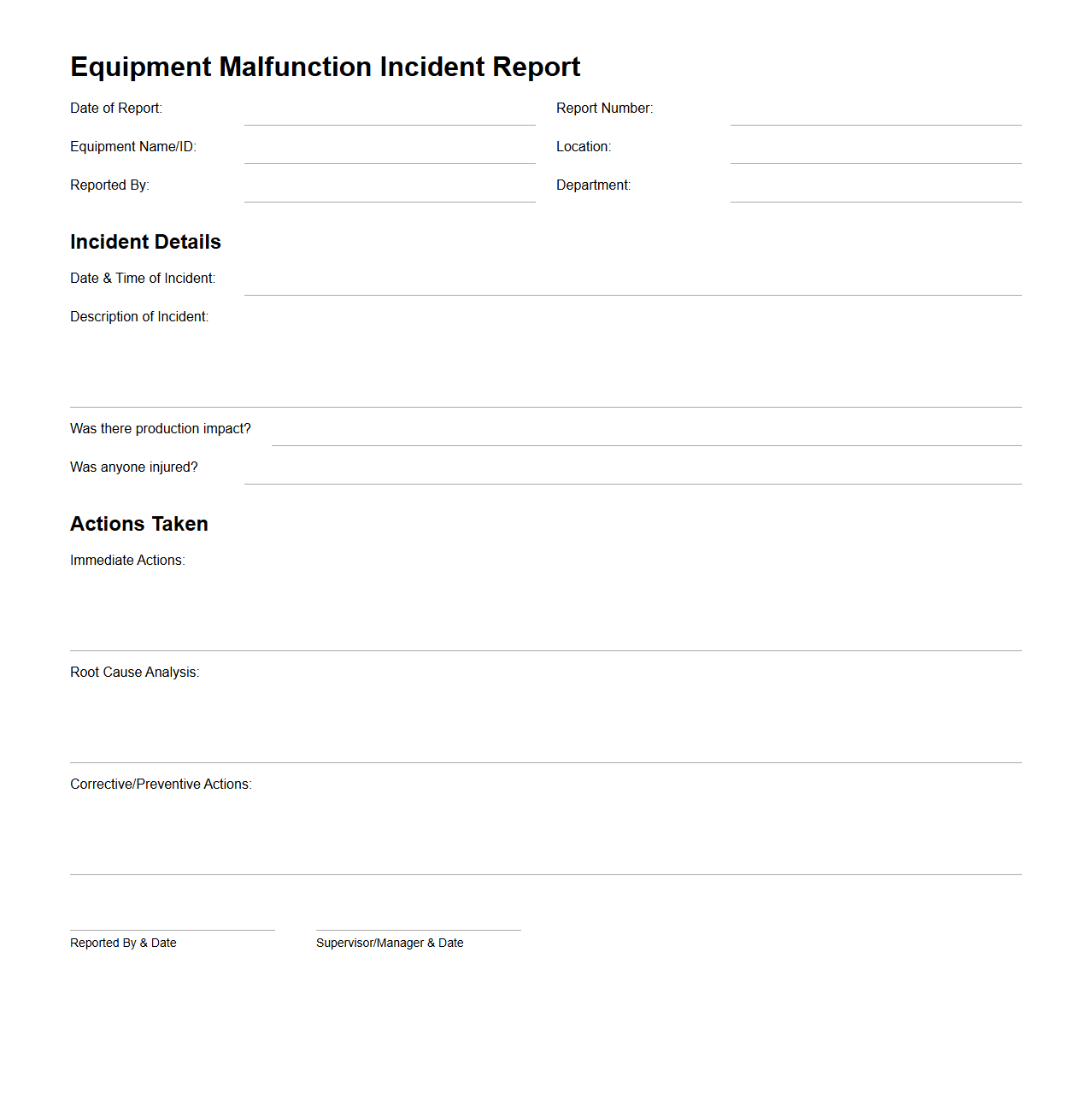 Equipment Malfunction Incident Report Sample for Manufacturing