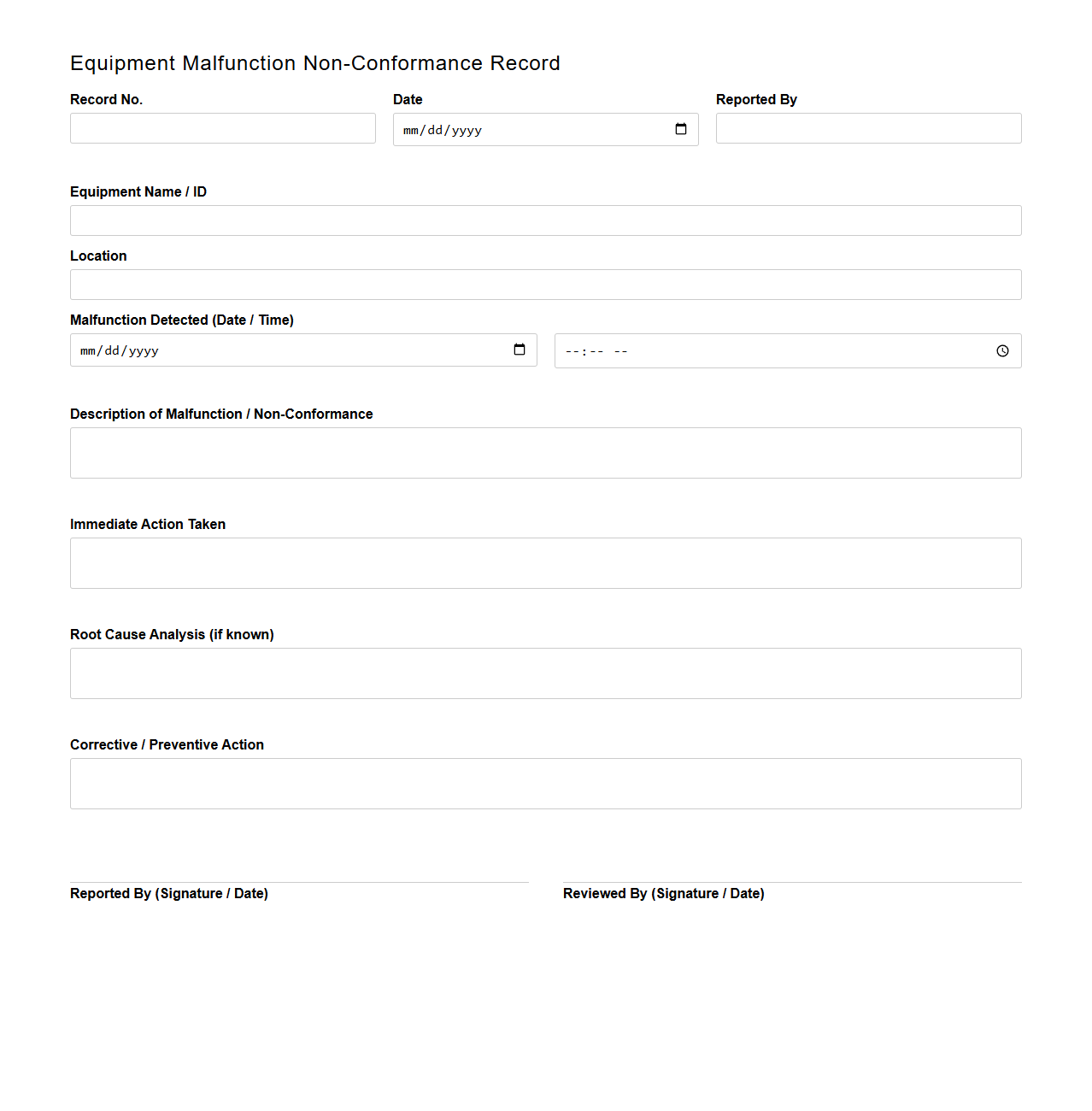 Equipment Malfunction Non-Conformance Record