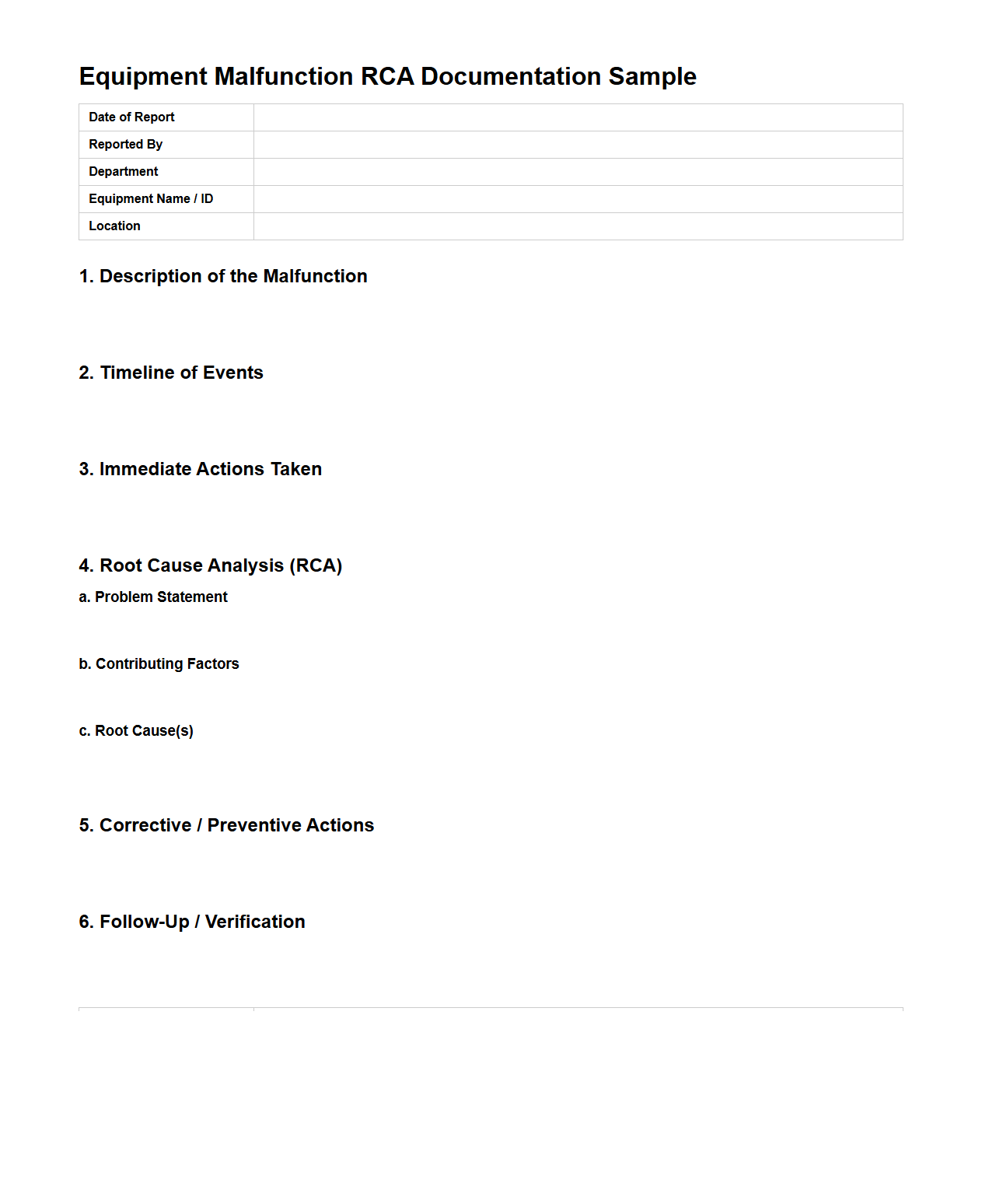 Equipment Malfunction RCA Documentation Sample