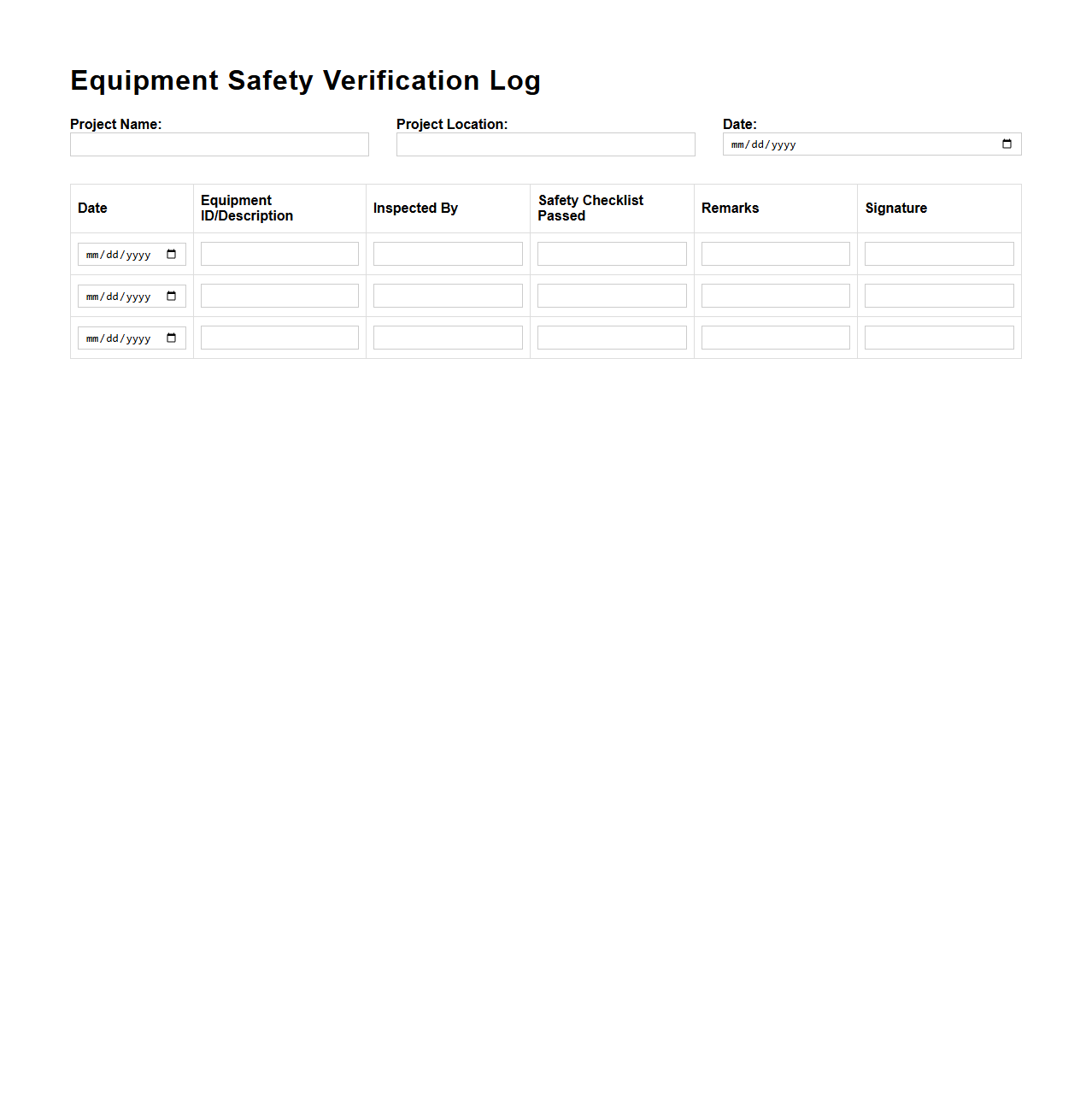 Equipment Safety Verification Log for Construction Activities