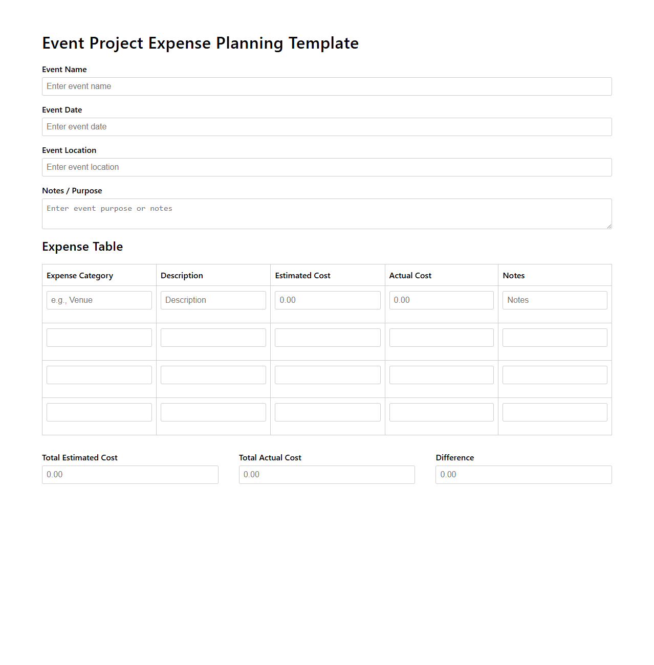Event Project Expense Planning Template