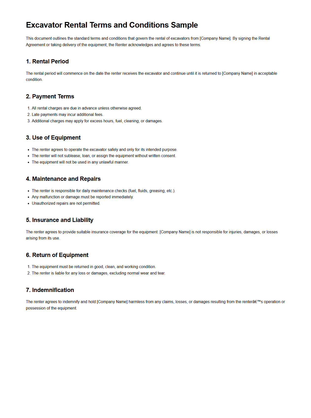 Excavator Rental Terms and Conditions Sample